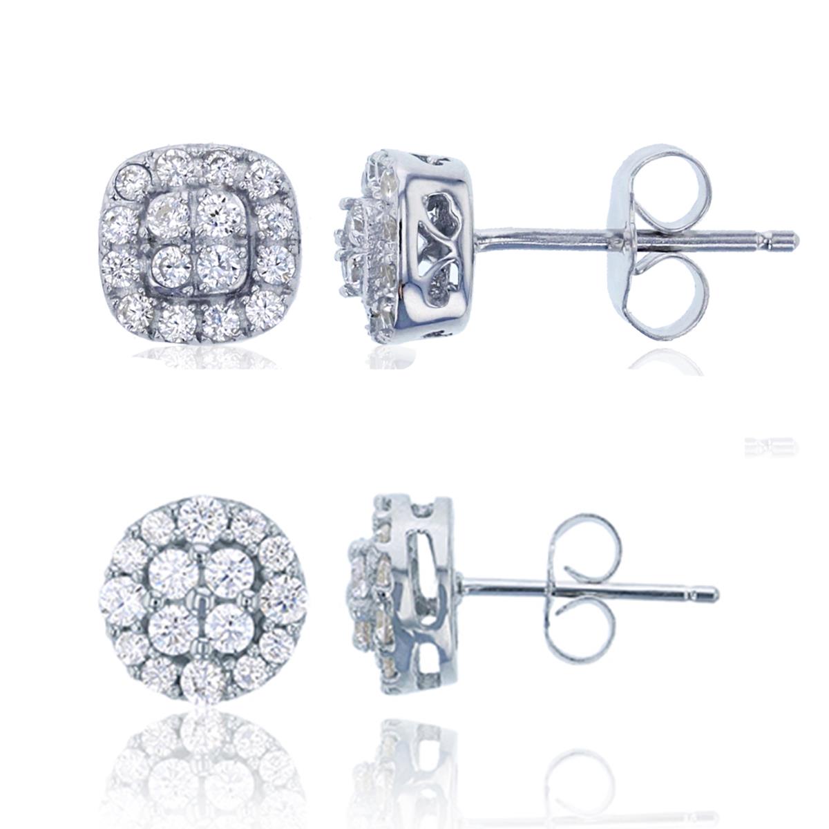 Sterling Silver Rhodium Micropave Cluster & Cushion Shape Stud Earring Set