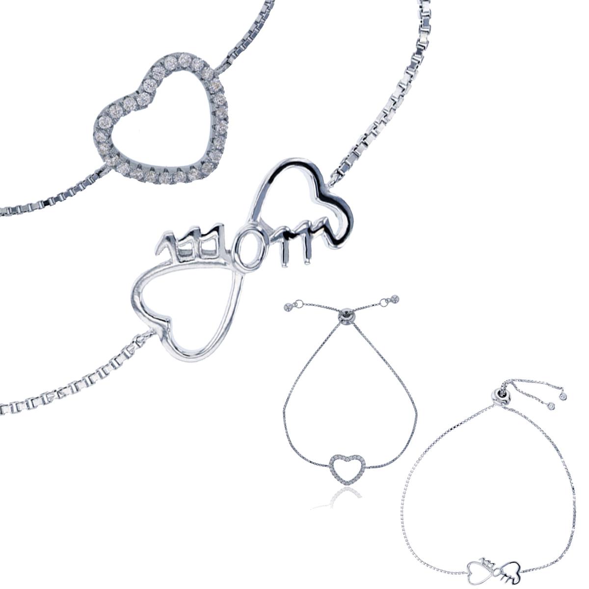 Sterling Silver Rhodium Open Heart & Double Hearts "MOM" Adjustable Bracelets Set