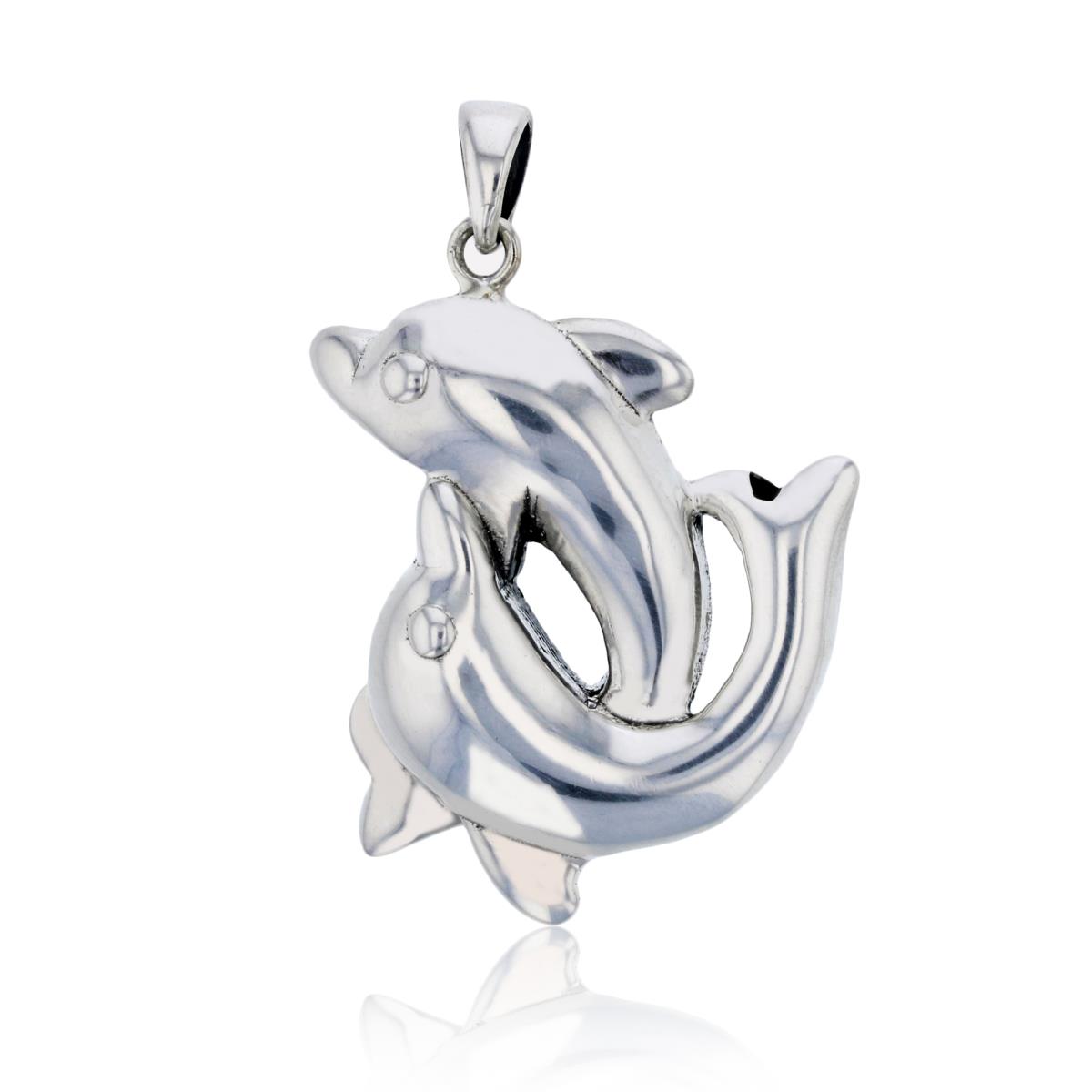 Sterling Silver Rhodium Electroformed Polished Double Dolphins Dangling Pendant