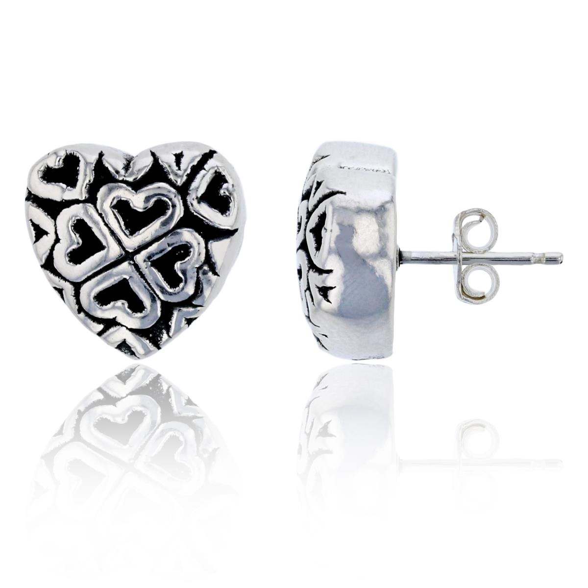 Sterling Silver Oxidized Electroformed Hearts Stud Earring