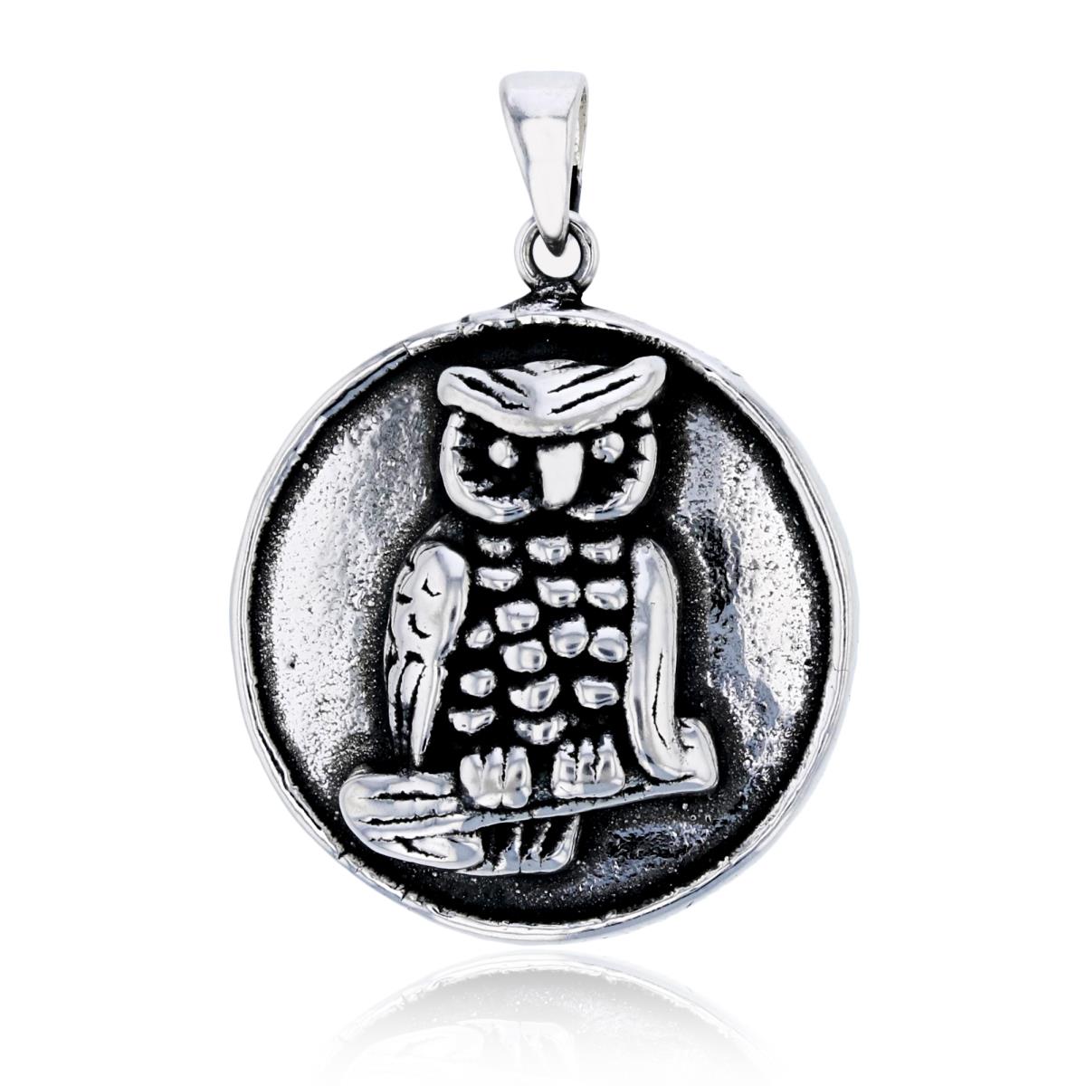Sterling Silver Oxidized Electroformed Owl Circle Pendant