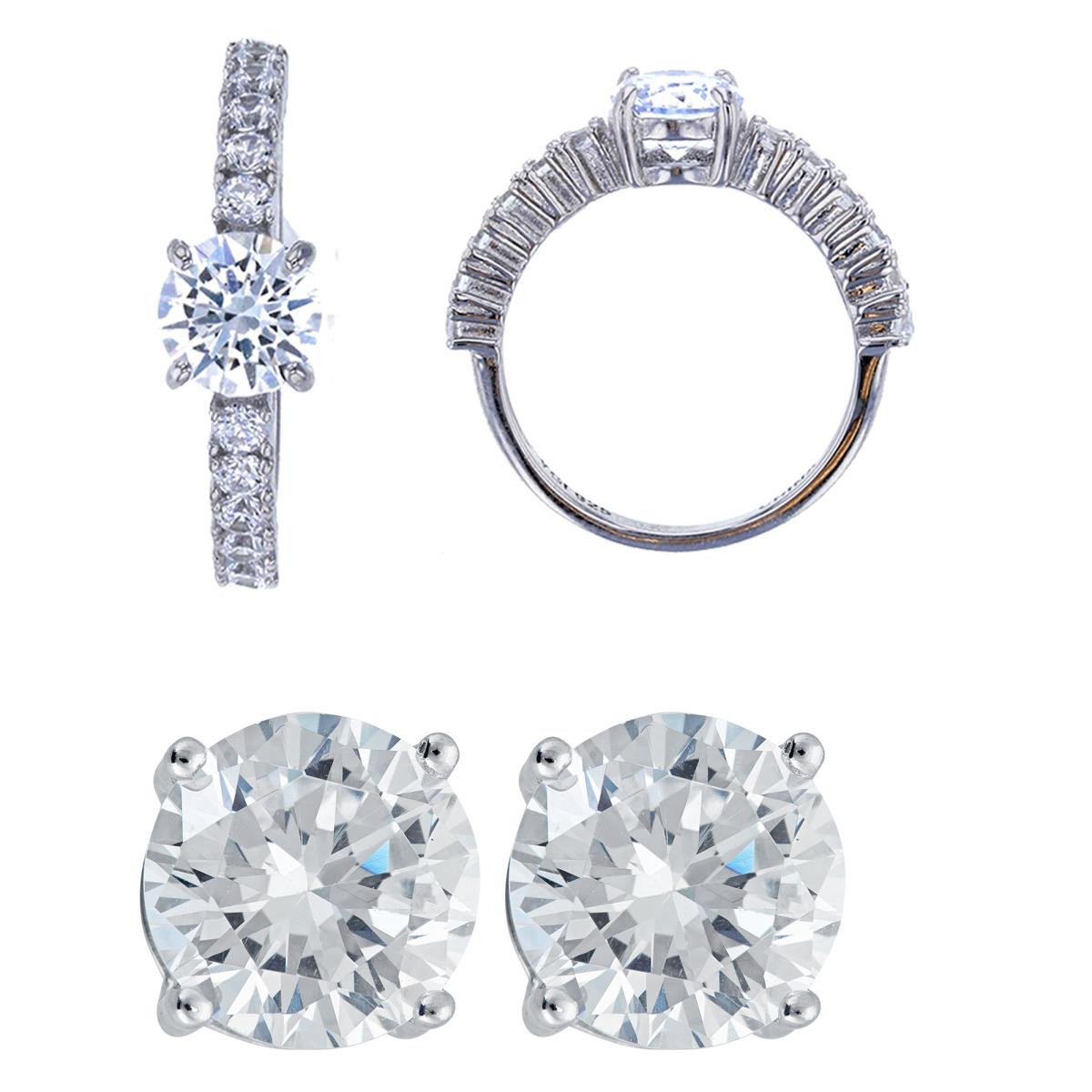 Sterling Silver Rhodium Centered 6mm Round Pave Ring & 6mm AAA Rd Solitaire Stud Earring Set