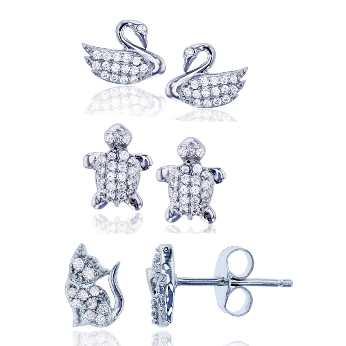 Sterling Silver Rhodium Swan, Turtle & Cat Stud Earring Set