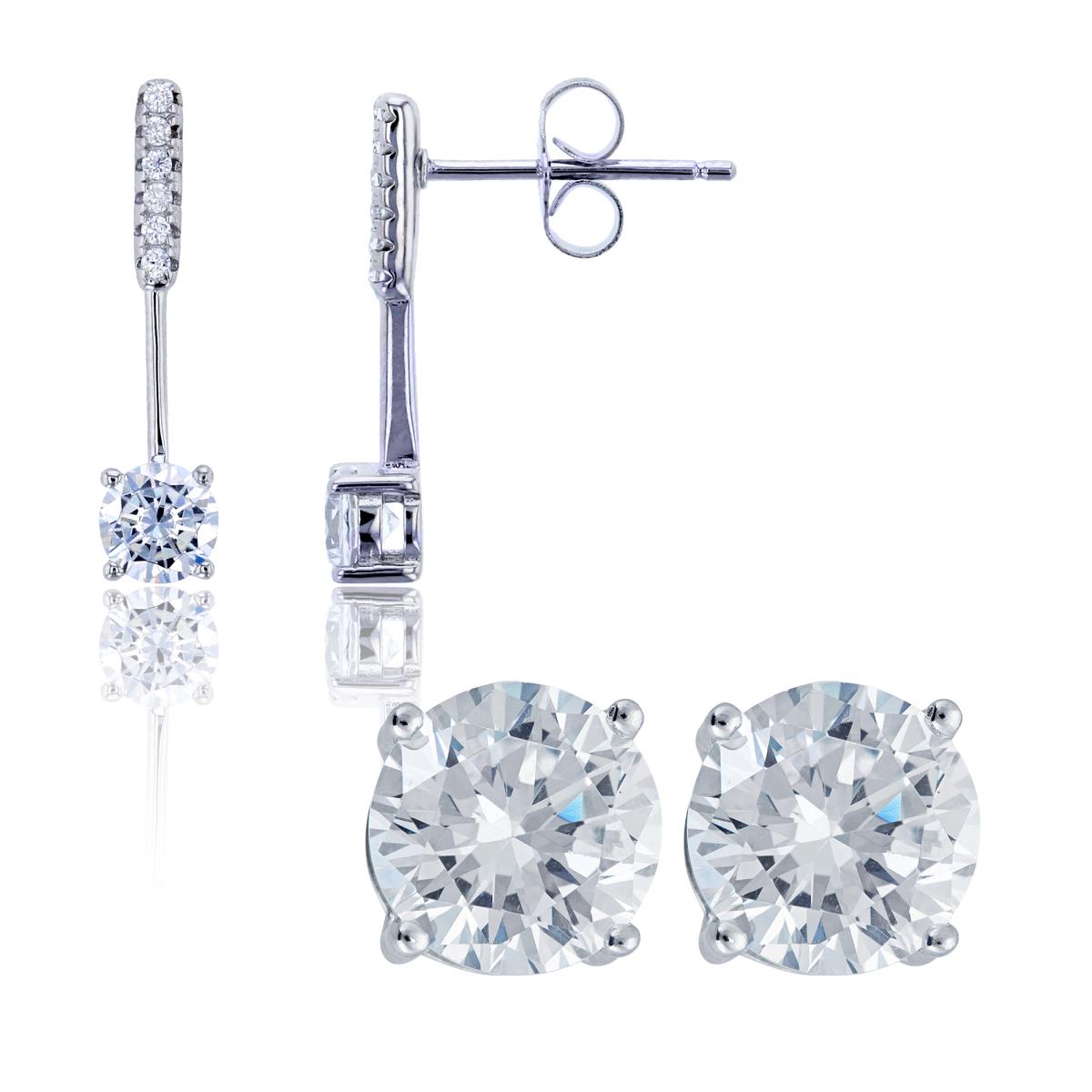 Sterling Silver Rhodium 4.5mm Round Cut Straight Drop & 6mm AAA Rd Solitaire Stud Earring Set