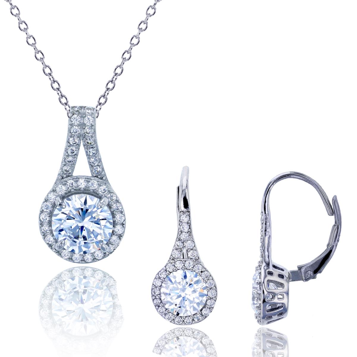 Sterling Silver Rhodium Round Cut CZ Halo 18"+2" Necklace & Drop Leverback Earring Set