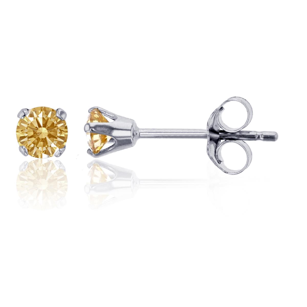 14K White Gold 3.00mm Rd  Fancy Yellow Swarovski Zirconia 4-Prong Die Struck Earring