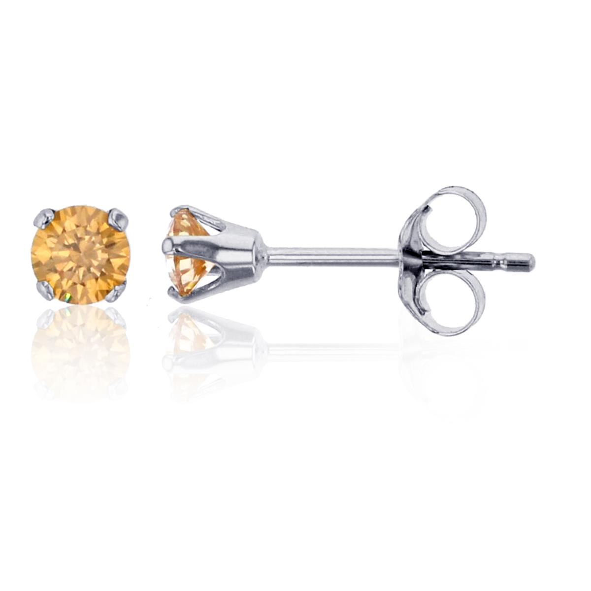 14K White Gold 3.00mm Rd  Amber Swarovski Zirconia 4-Prong Die Struck Earring