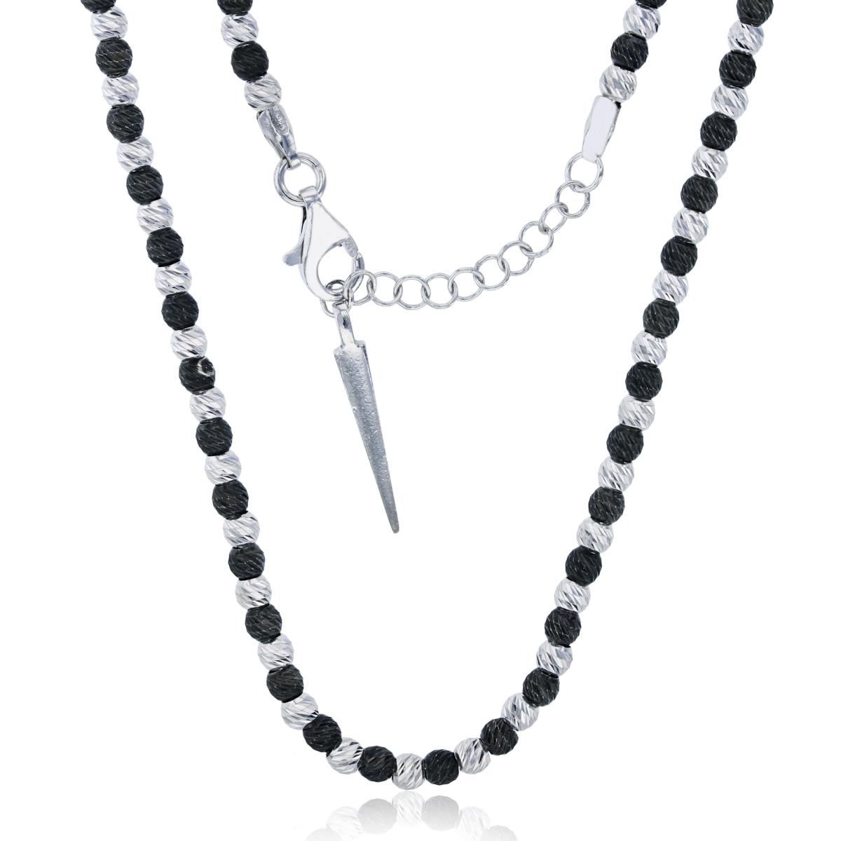 Sterling Silver Black & Rhodium 3mm Diamond Cut Beaded 18"+1" Extender Necklace with Dangling Spike