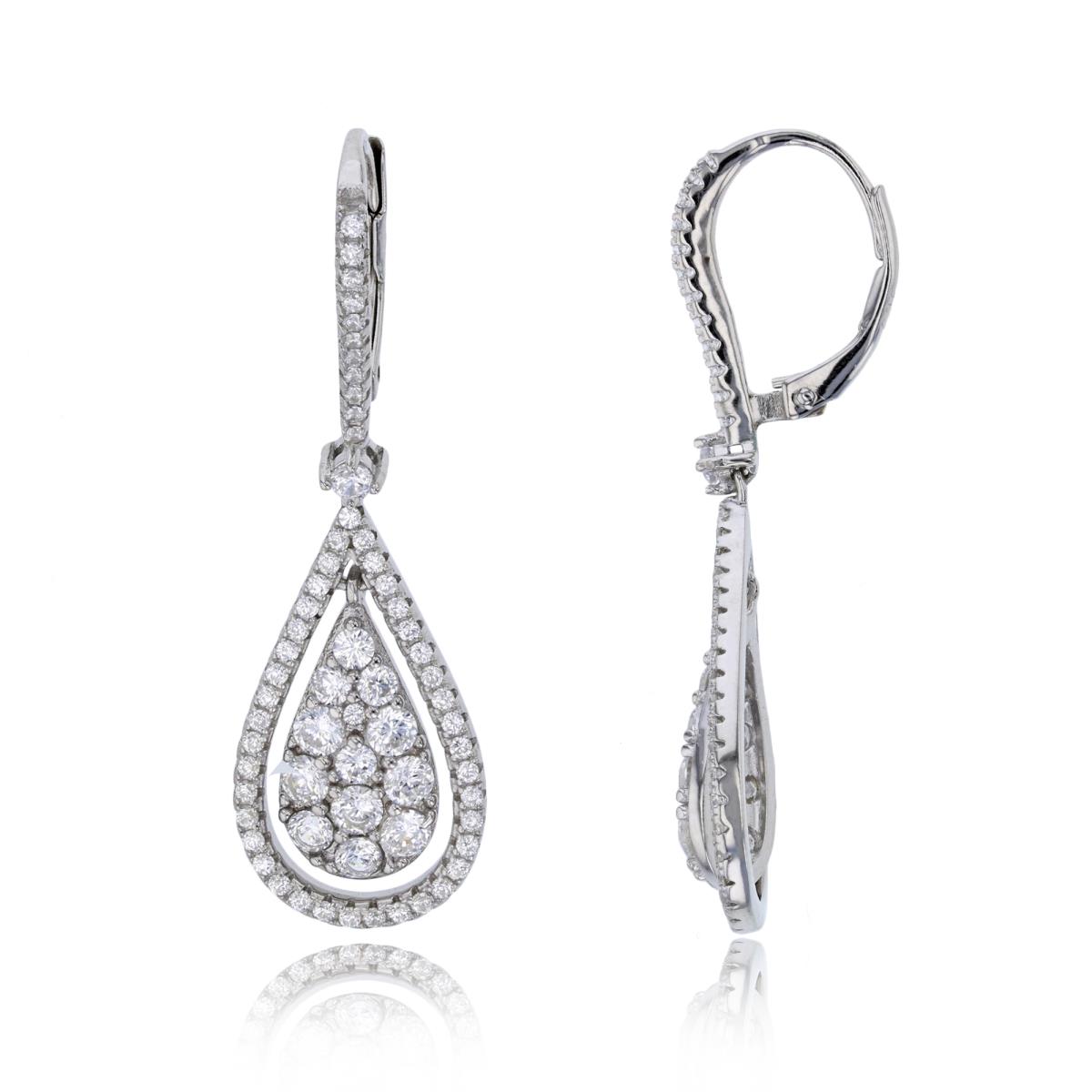 Sterling Silver Rhodium 40x12mm Micropave Pear Shape Leverback Dangling Earring