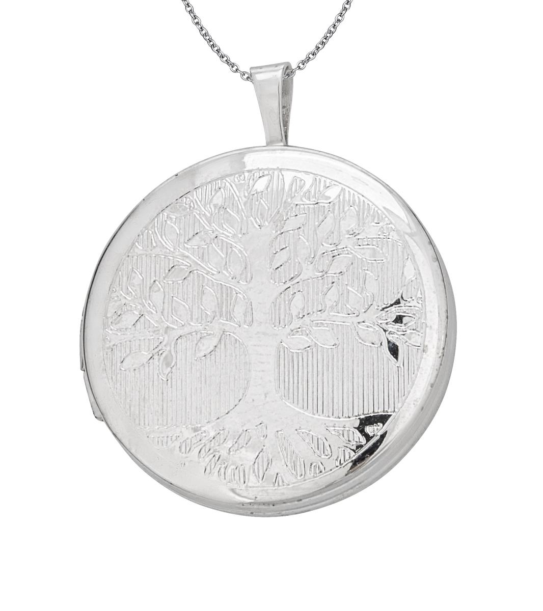 Sterling Silver Rhodium Tree of Life Round Locket 24" Sparkle Chain Necklace