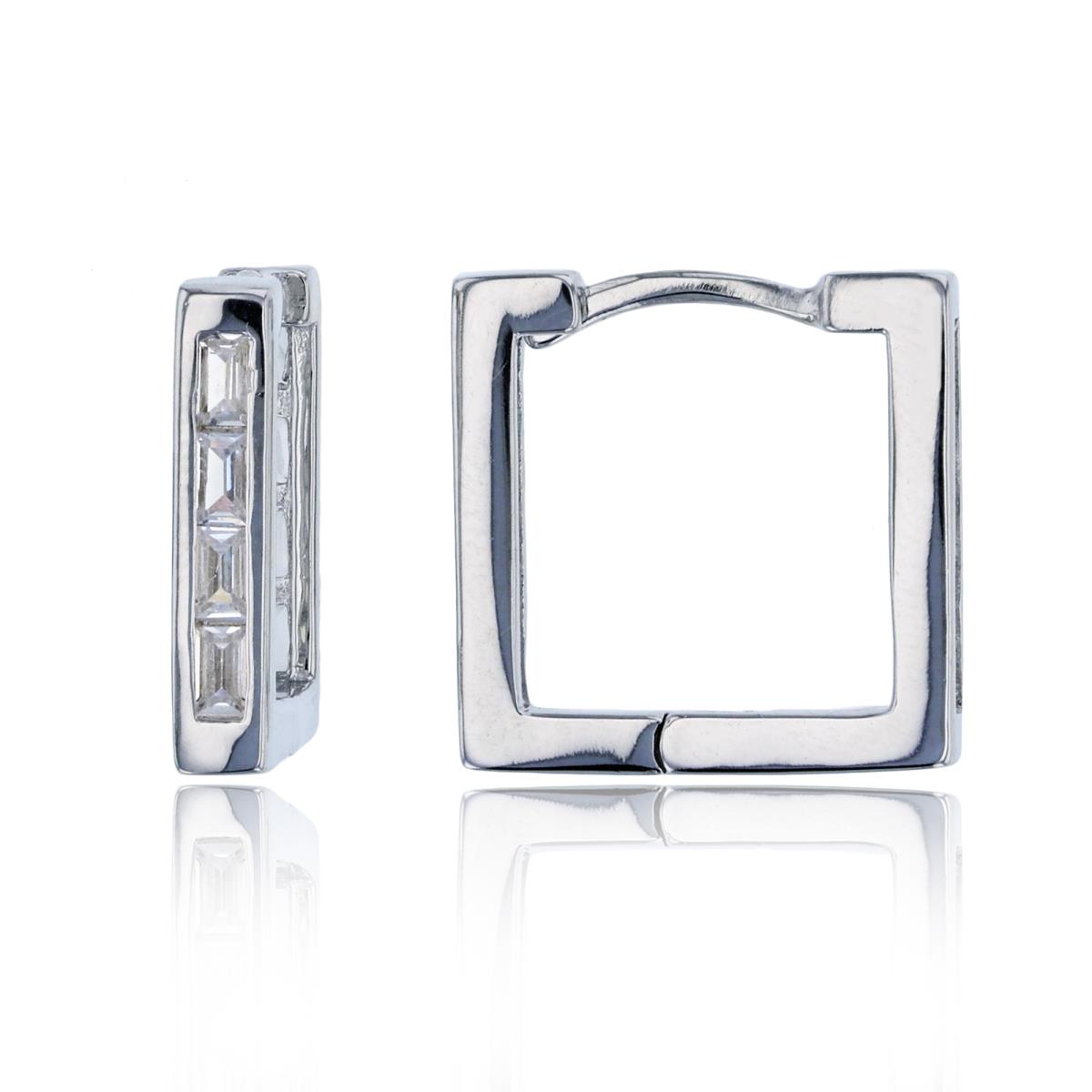 Sterling Silver Rhodium 15x3mm Pave 1-Row Baguette Squared Huggie Earring