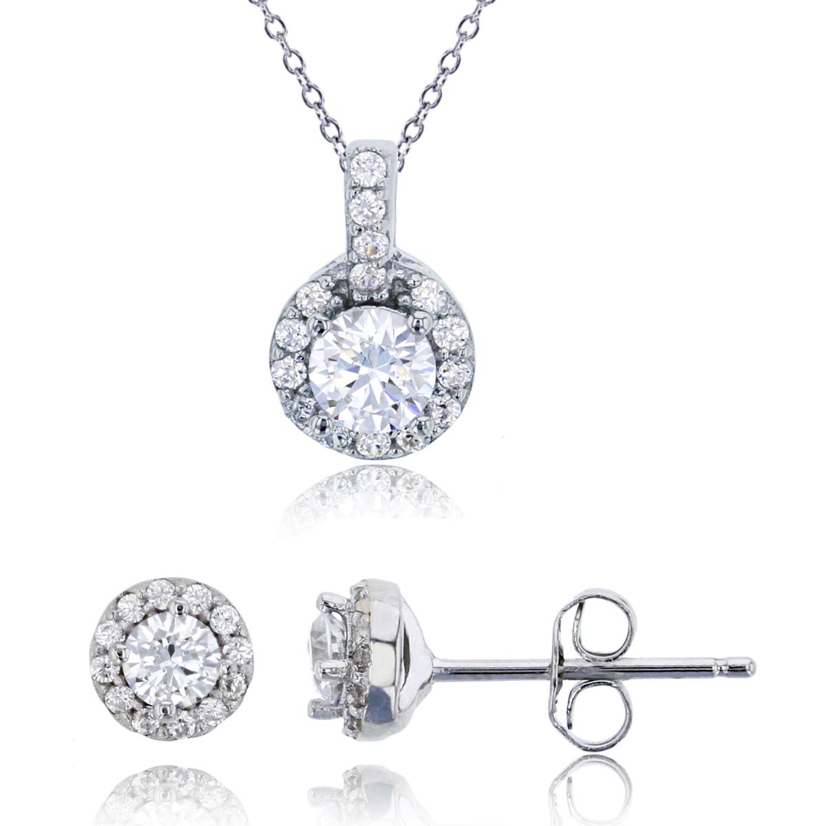 Sterling Silver Rhodium Round Cut Halo Danging 13"+2" Necklace & Stud Earring Set