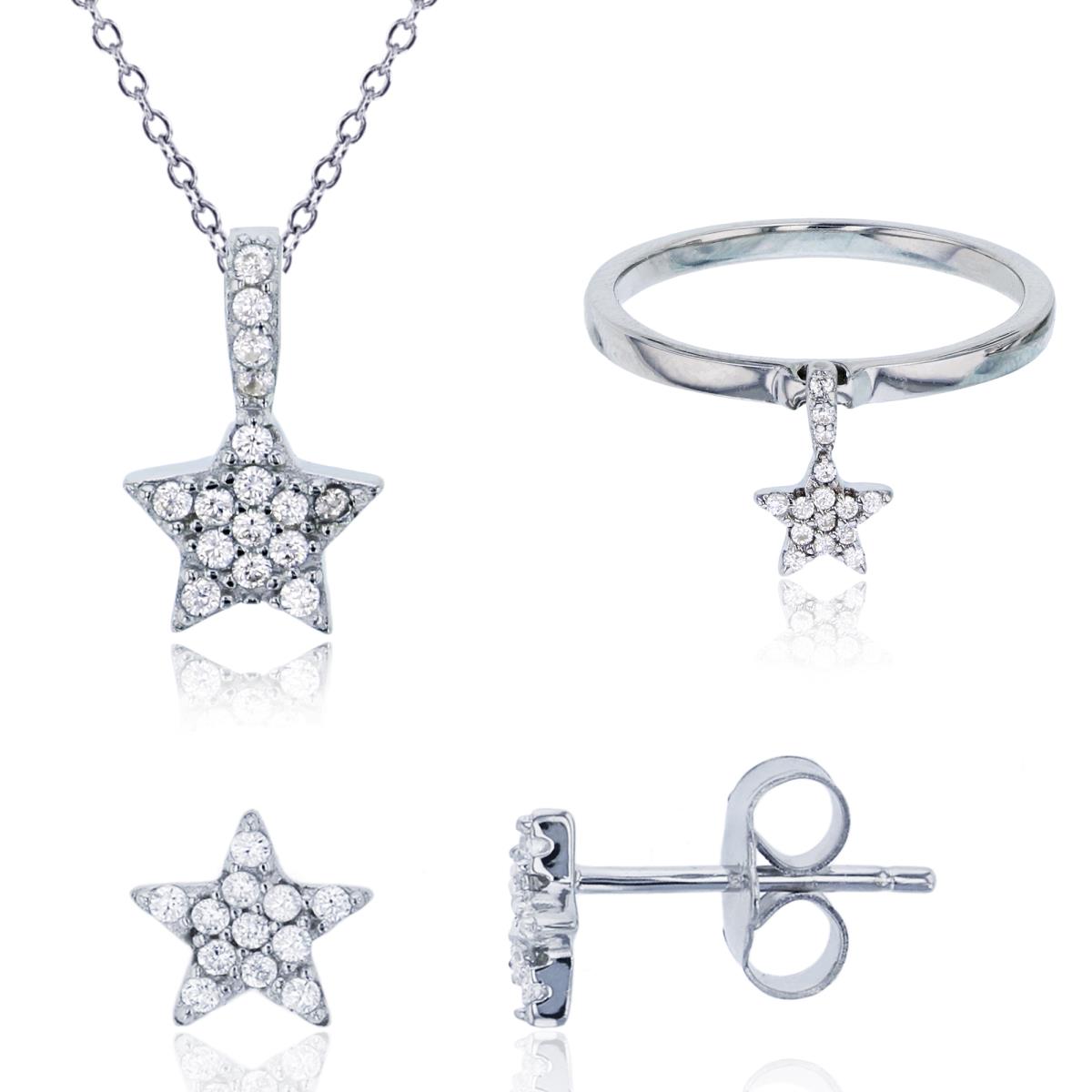 Sterling Silver Rhodium Micropave Star 18" Necklace, Ring & Stud Earring Set