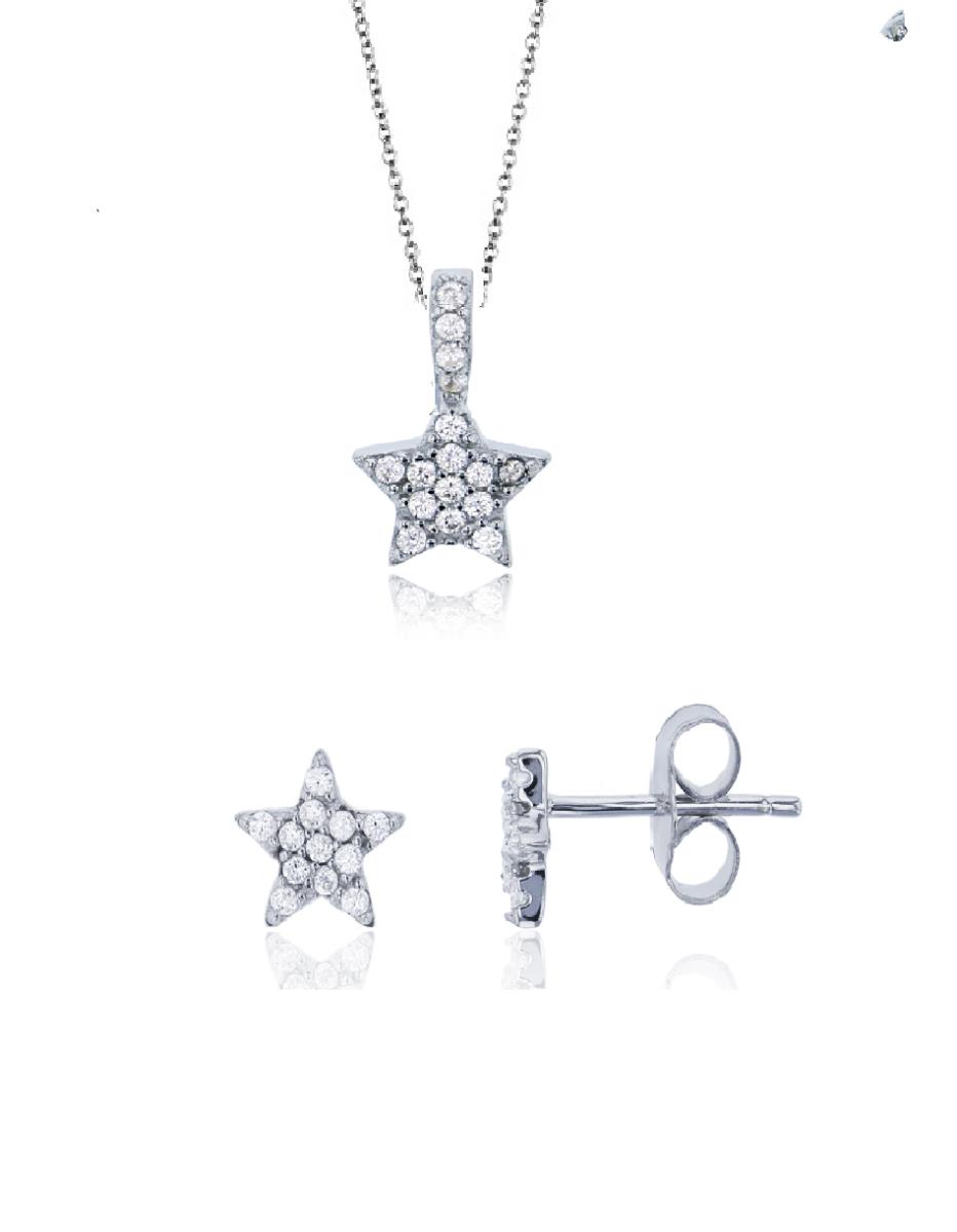 Sterling Silver Rhodium Micropave Star 13"+2" Necklace & Stud Earring Set