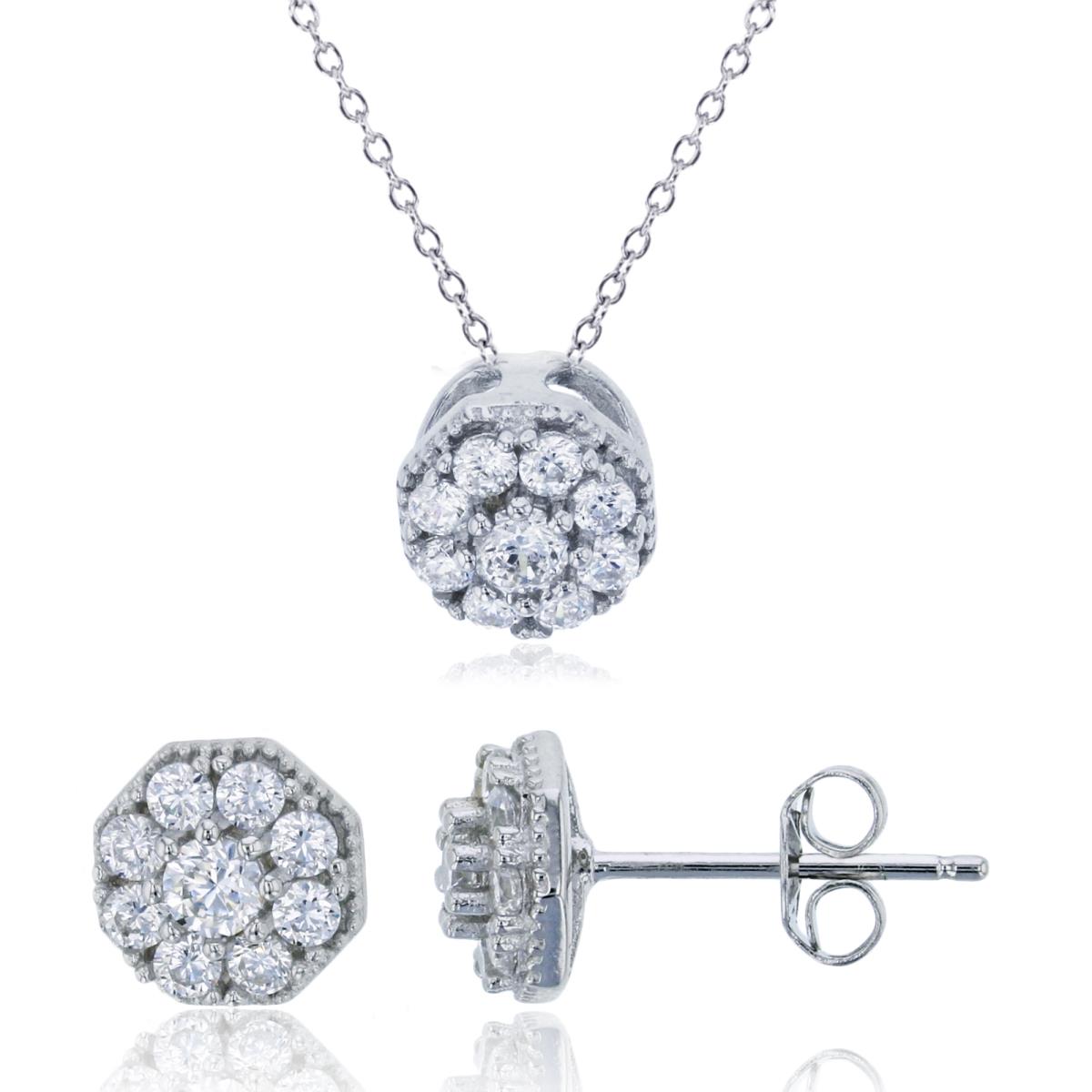 Sterling Silver Rhodium 8mm Octagonal Halo 18" Necklace & Stud Earring Set