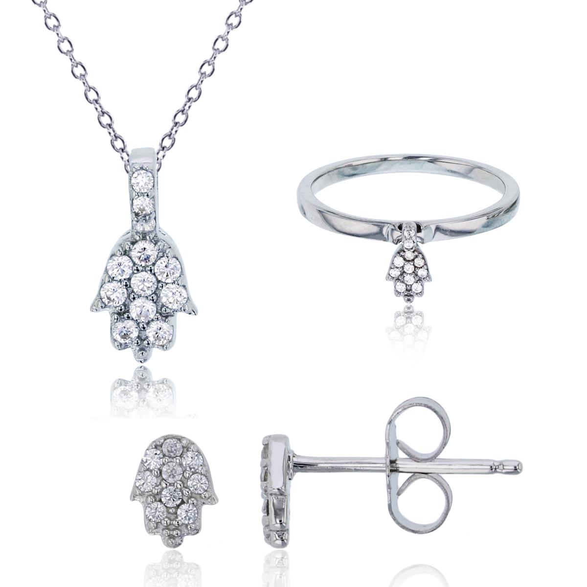 Sterling Silver Rhodium Micropave Petite Hamsa 18" Necklace, Ring & Stud Earring Set