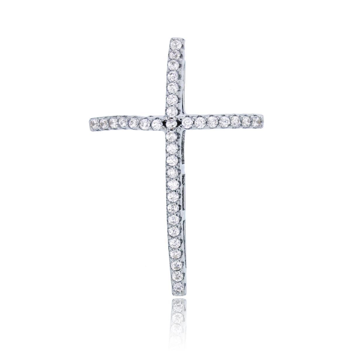 Sterling Silver Rhodium 25x17mm Micropave Domed Cross Pendant
