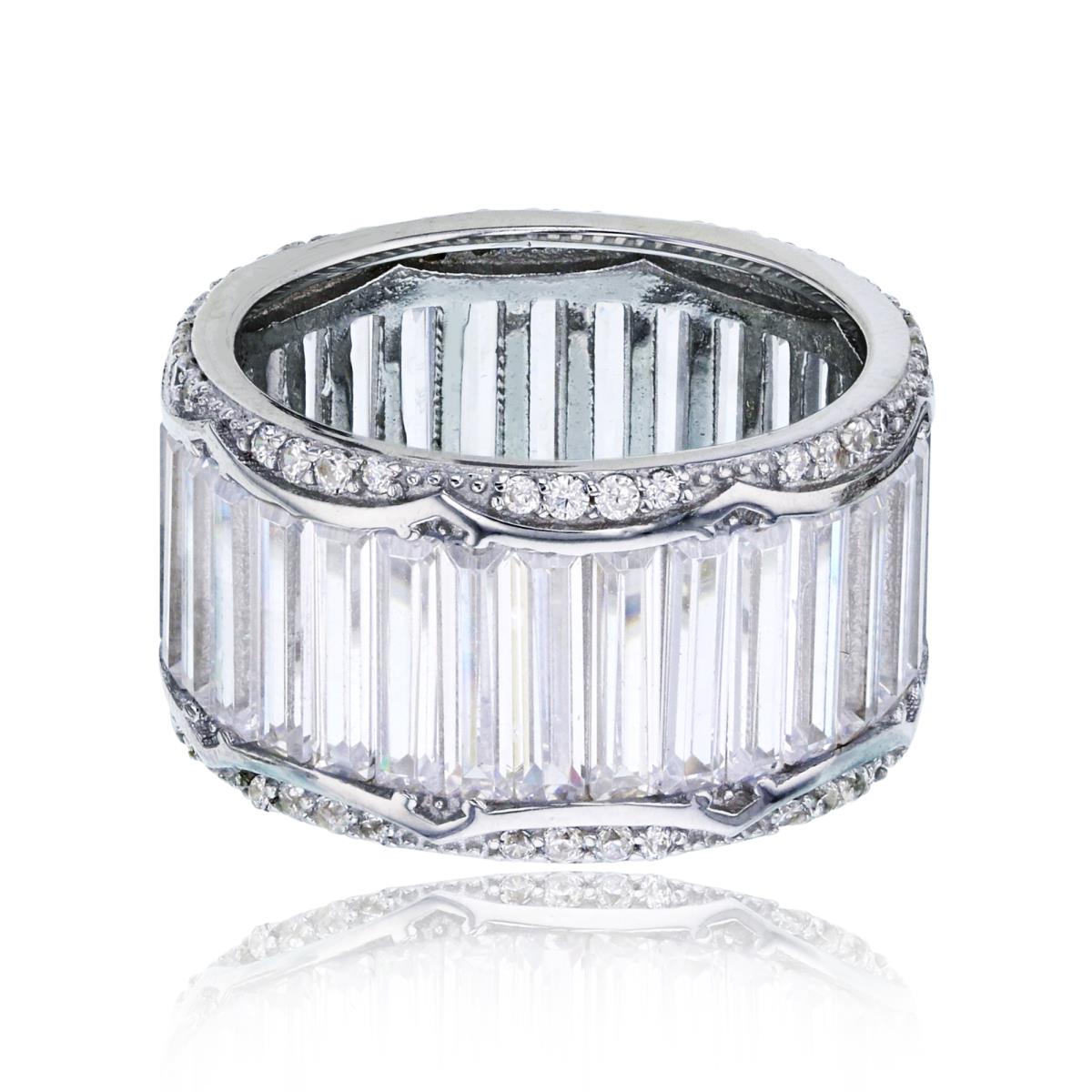 Sterling Silver Rhodium Pave Baguette with Rd Cut Sides Eternity Ring