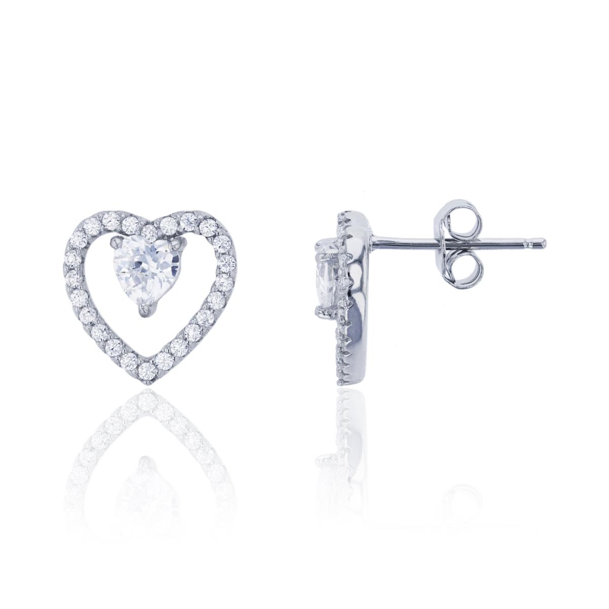 Sterling Silver Rhodium 12x12mm Micropave Open Heart with Heart Cut Inside Stud Earring