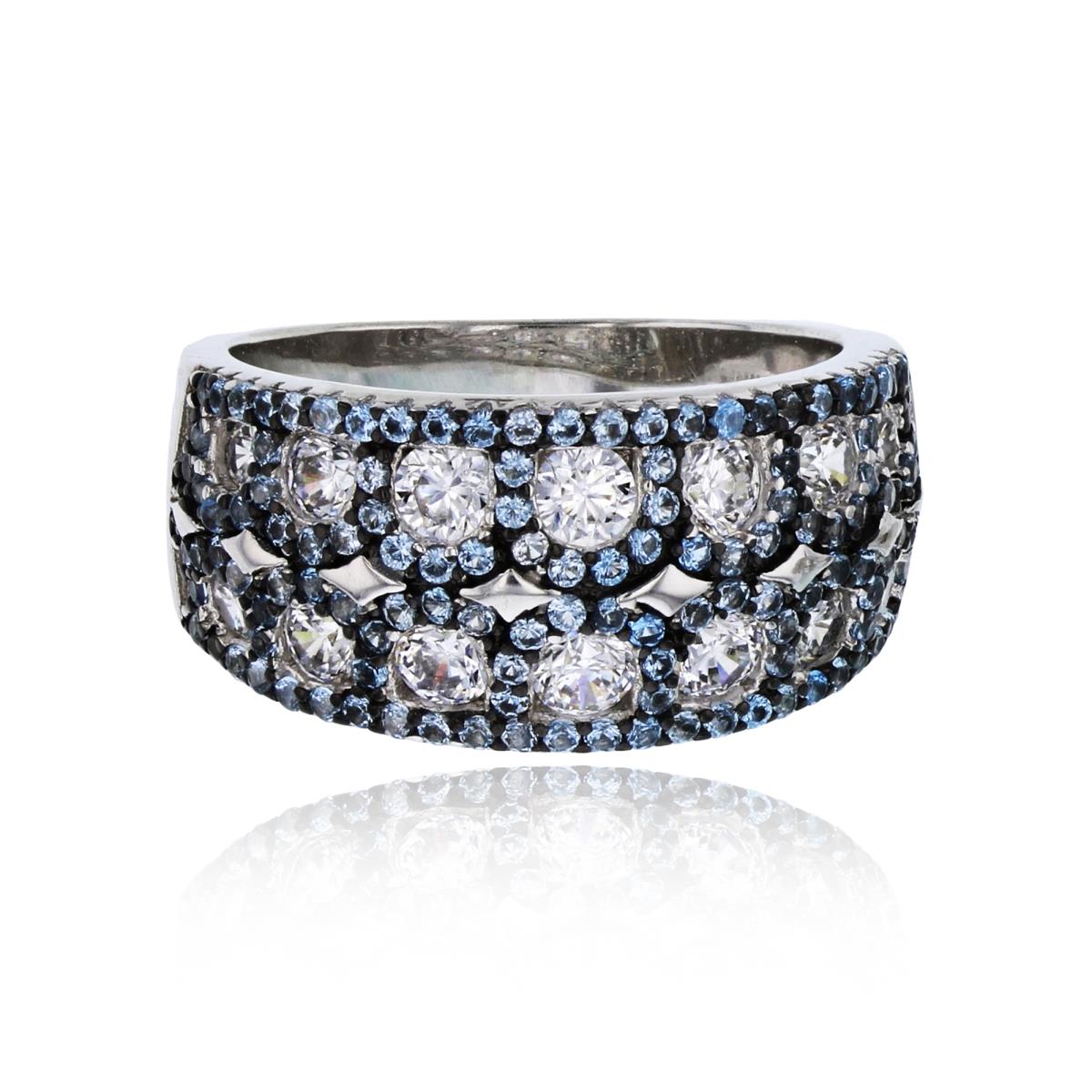 Sterling Silver Rhodium Micropave Light Blue Spinel & White CZ 2-Row Fashion Ring