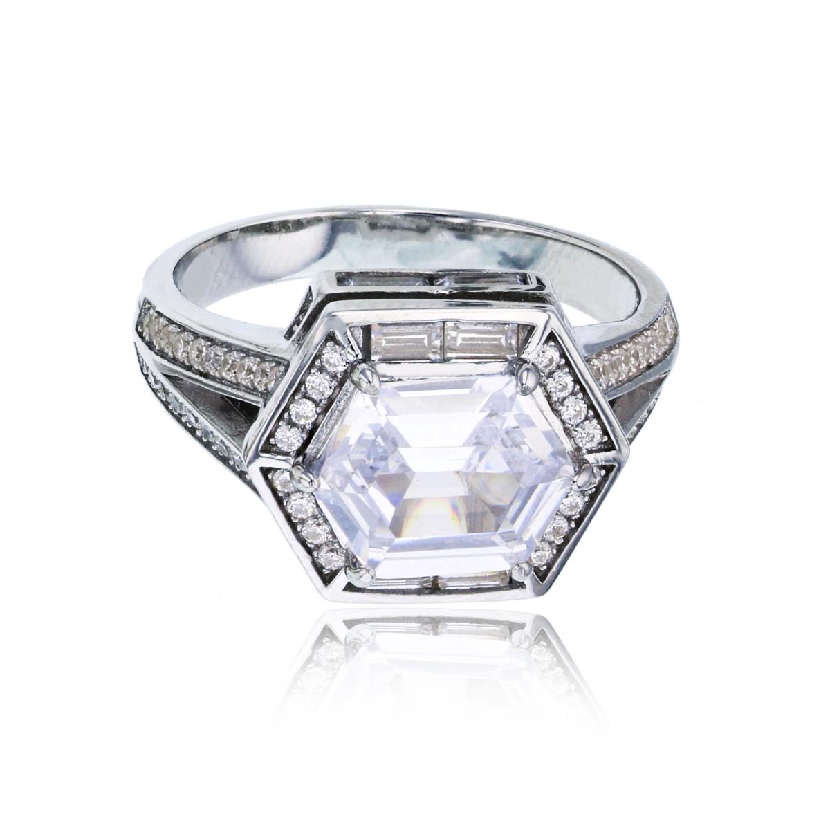 Sterling Silver Rhodium Hexagon Cut Halo Split Shank Eng Ring