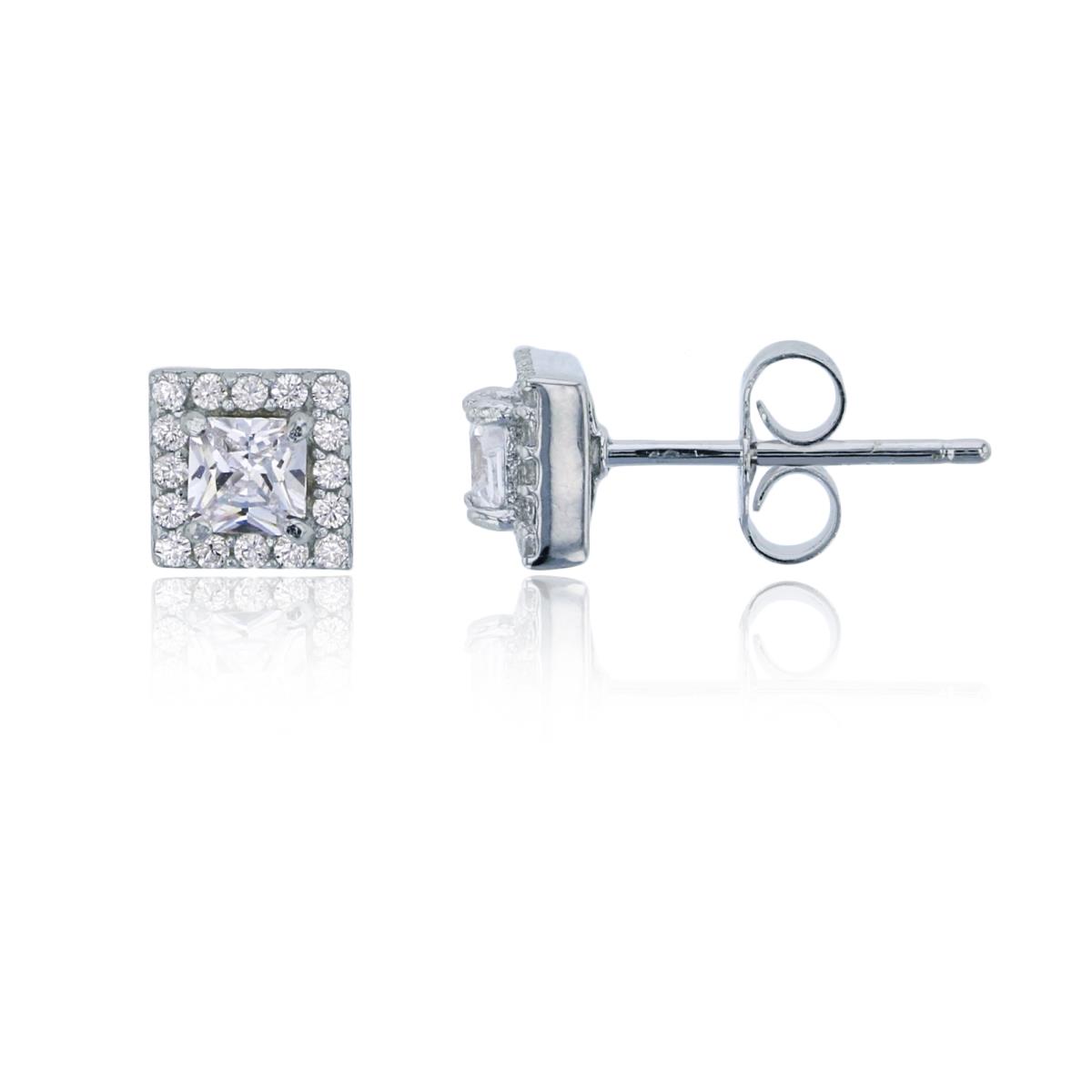 Sterling Silver Rhodium 6x6mm Square Halo Stud Earring