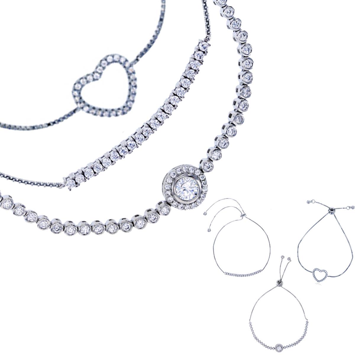 Sterling Silver Rhodium Round CZ, Bezel & Open Heart Adjustable Bracelets Set