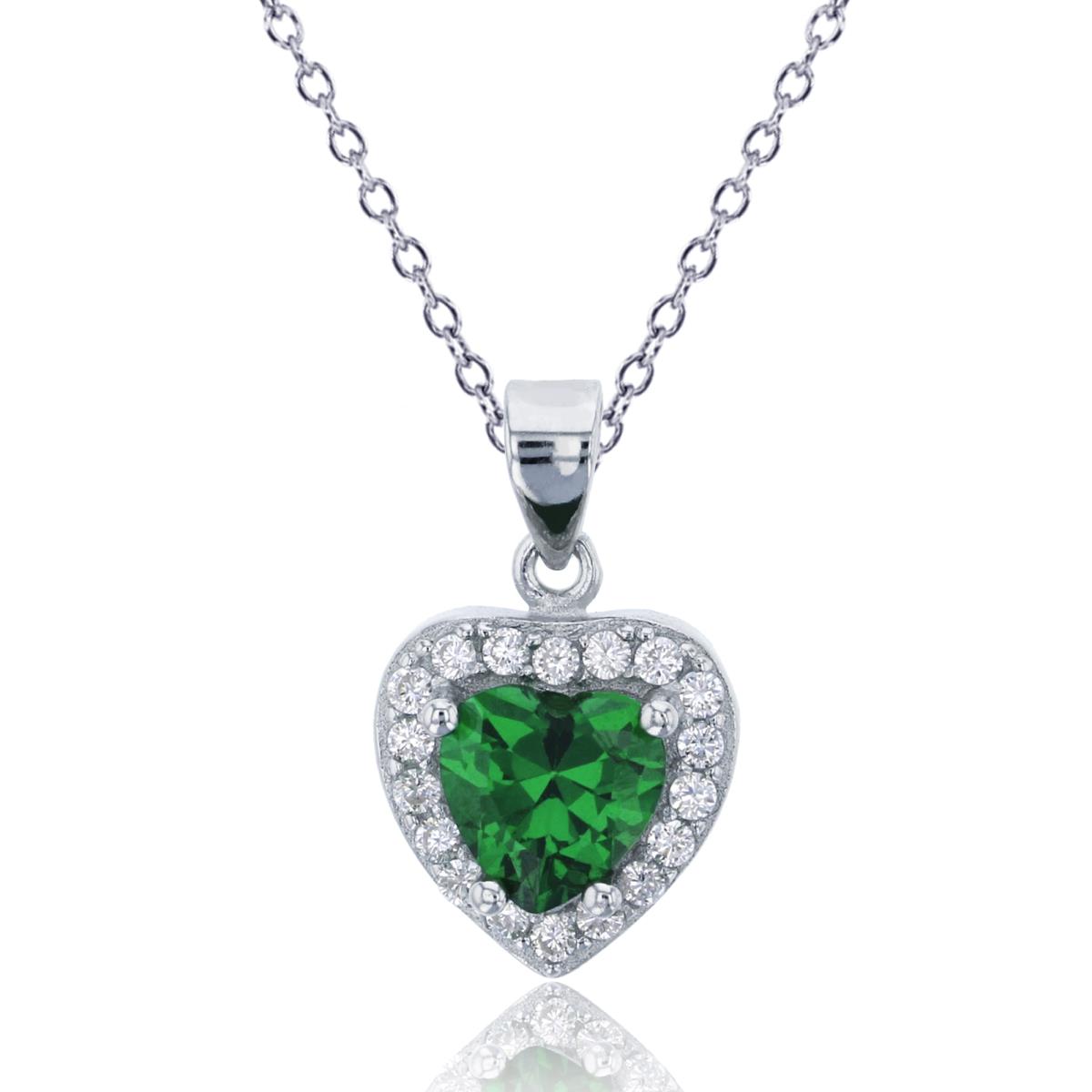 Sterling Silver Rhodium 7mm Heart Cut Emerald & Clear CZ 18" Necklace