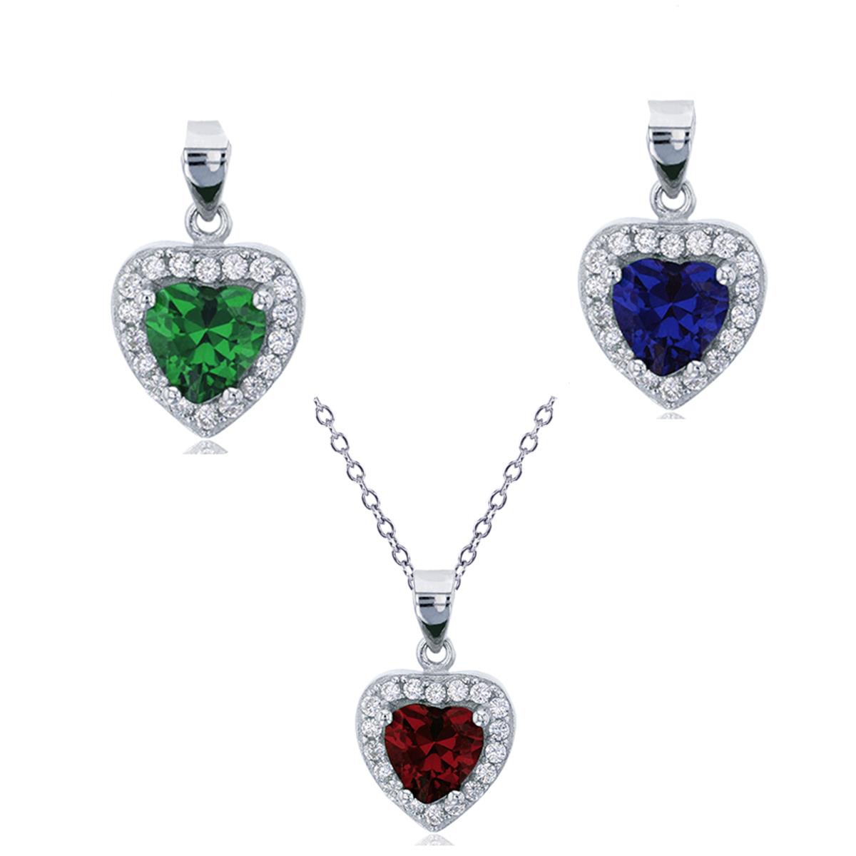 Sterling Silver Rhodium 7mm Heart Cut Emerald, Sapphire & Ruby Halo Pendants & 18" Rollo Chain
