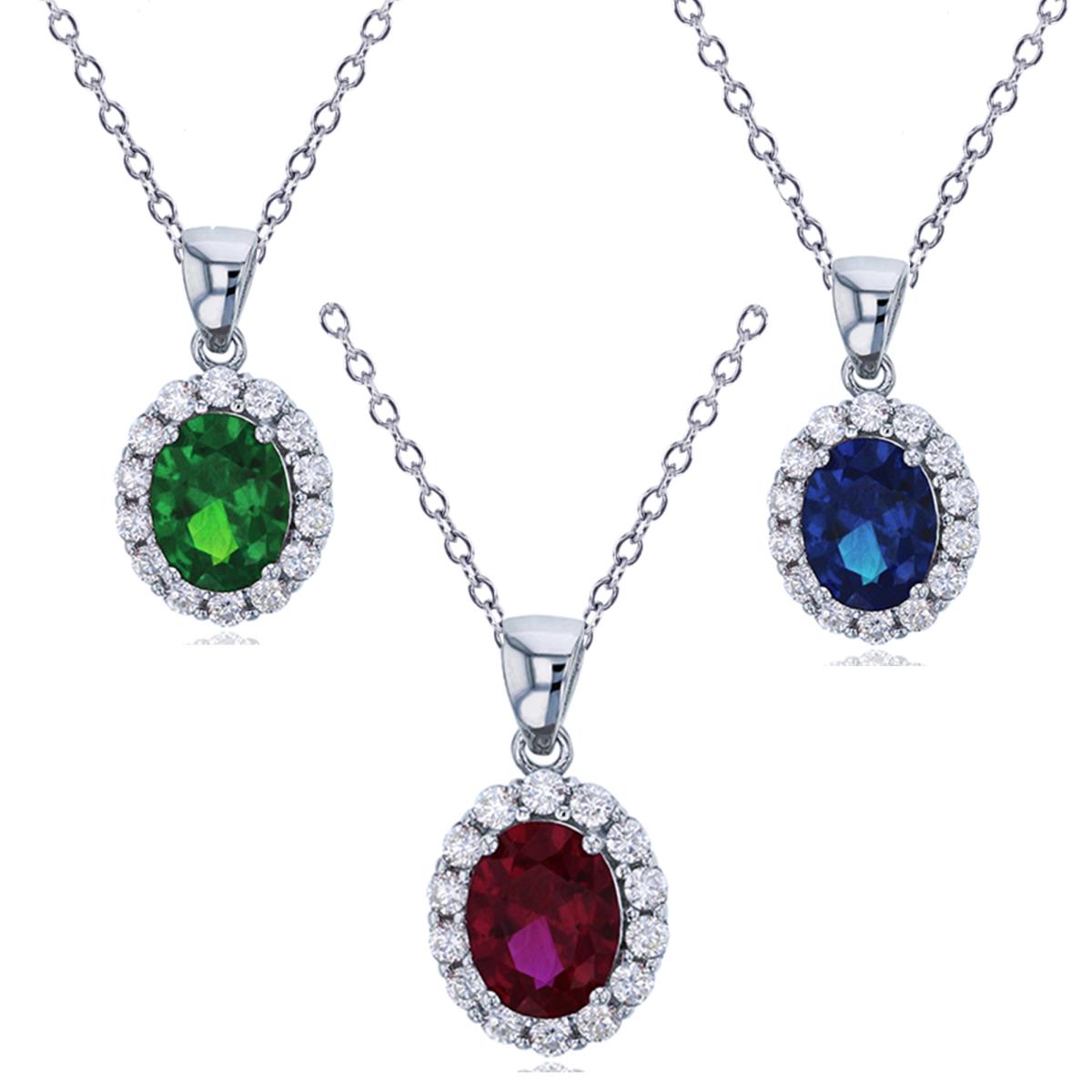 Sterling Silver Rhodium 9x7mm Oval Cut Cut Emerald, Sapphire & Ruby Halo Pendants & 18" Rollo Chain