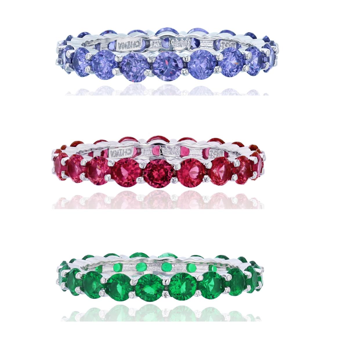Sterling Silver Rhodium 3mm Round Emerald, Ruby & Tanzanite CZ Prong Set Eternity Ring Set