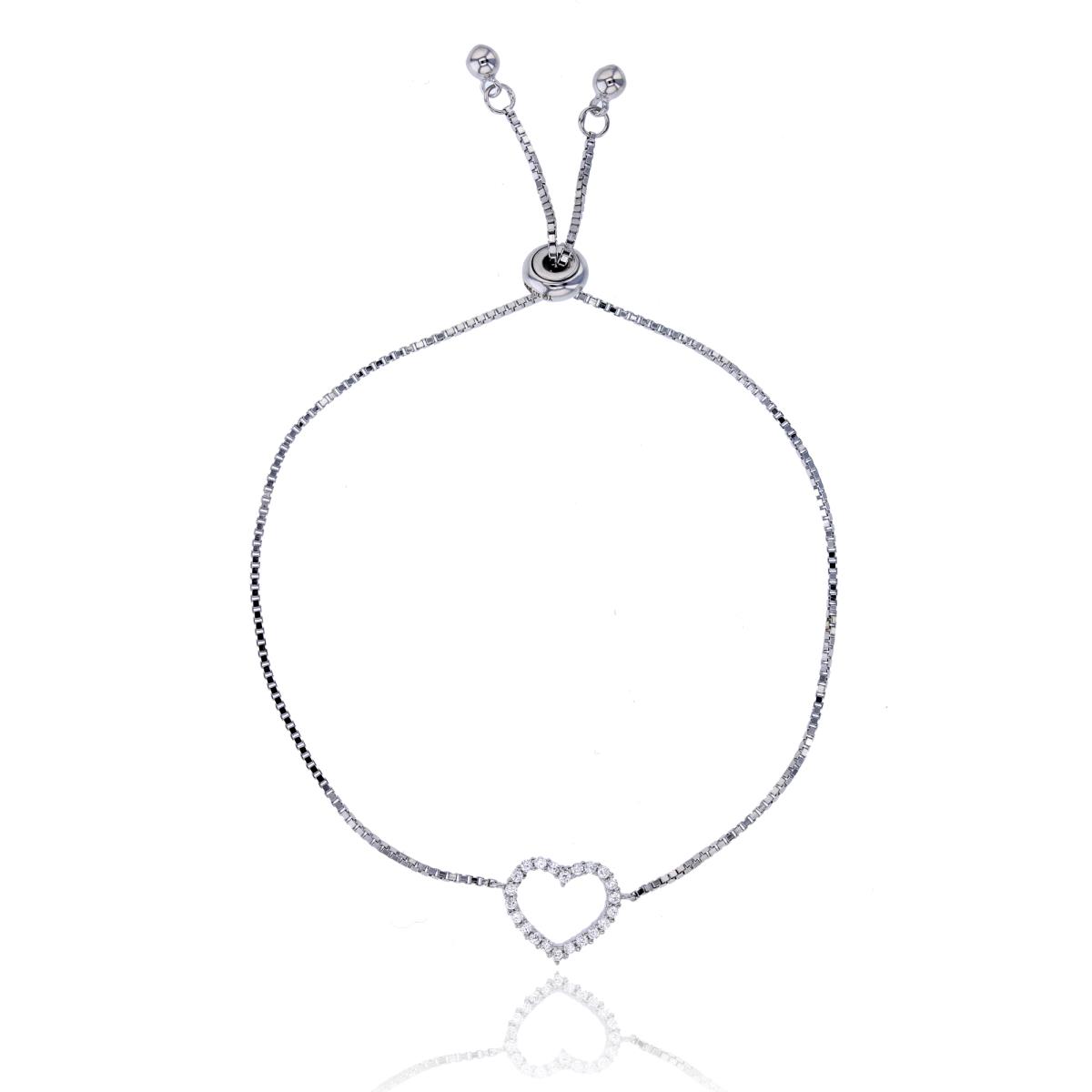 Sterling Silver Rhodium 11x15mm Micropave Open Heart Adjustable Bracelet