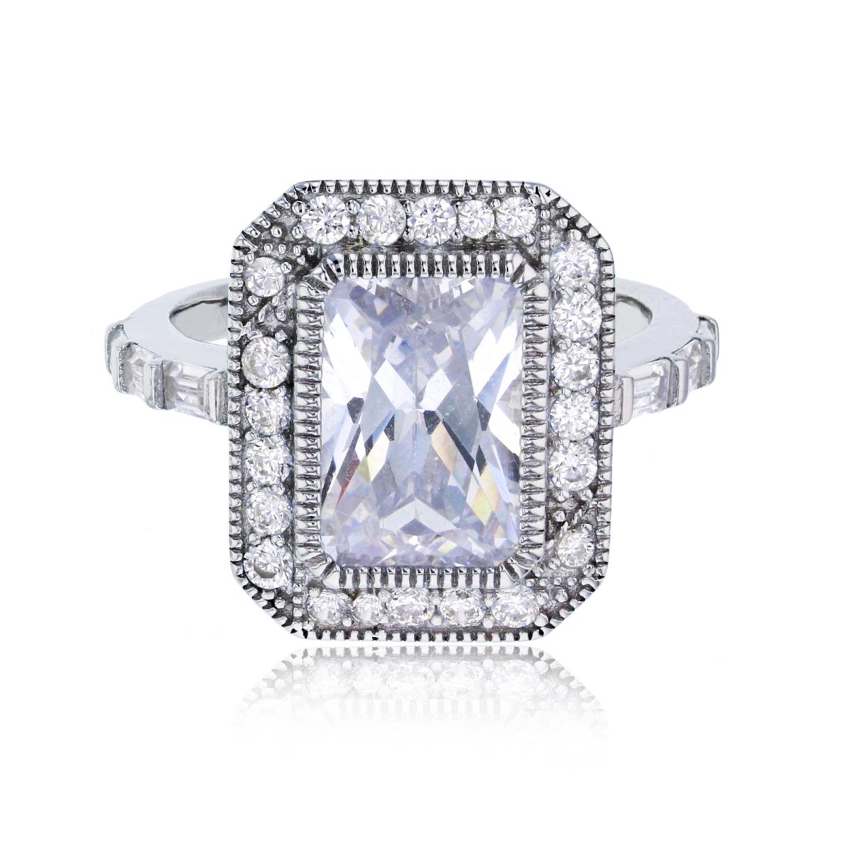 Sterling Silver Rhodium 12x8mm Emerald Cut Halo with Baguette Side Stones Engagement Ring