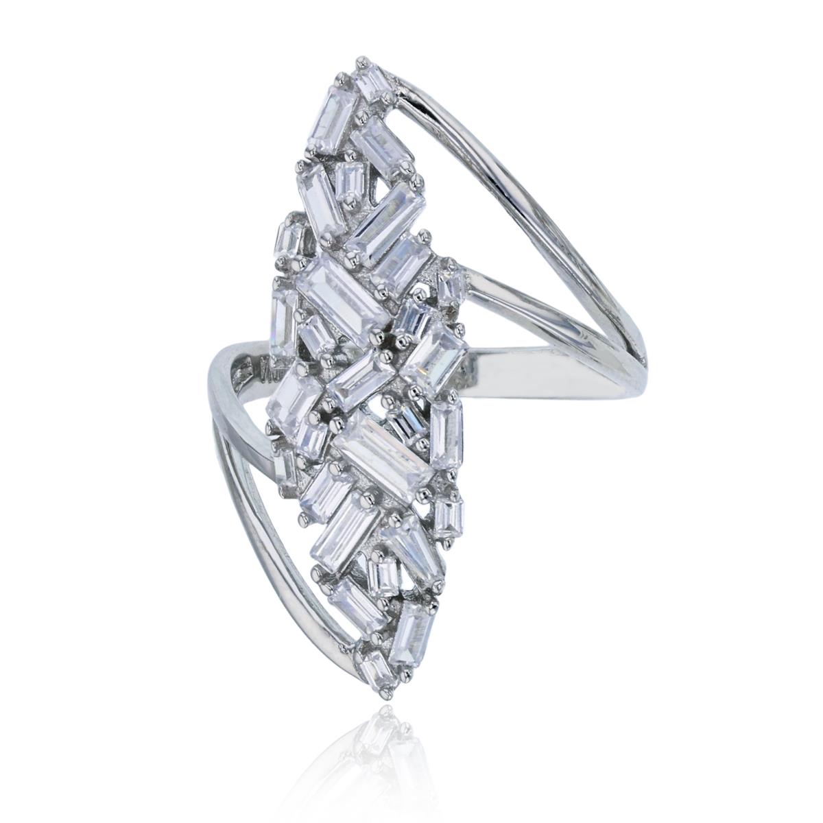Sterling Silver Rhodium Marquise Shape with Baguette CZ Split Shank Fashion Ring