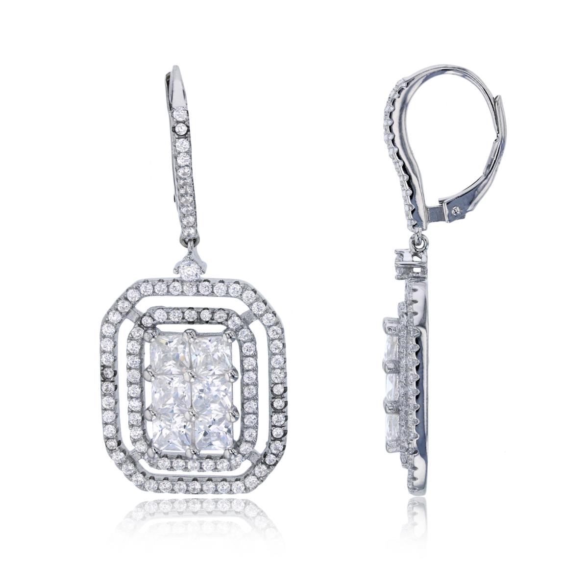 Sterling Silver Rhodium Rd & Princess Cut CZ Emerald Shaped Dangling Earring