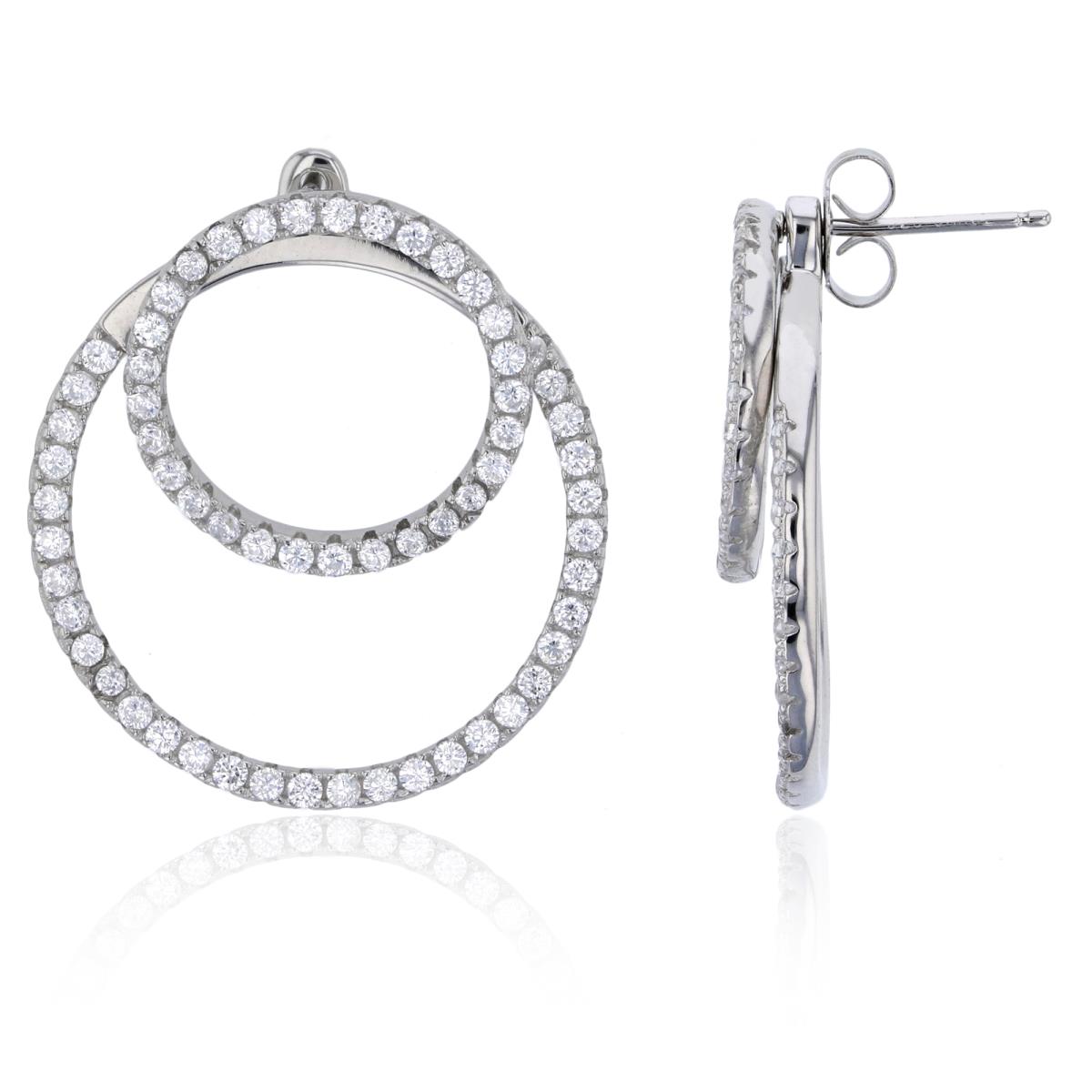 Sterling Silver Rhodium 27x25mm Micropave Double Open Circles Dangling Earring