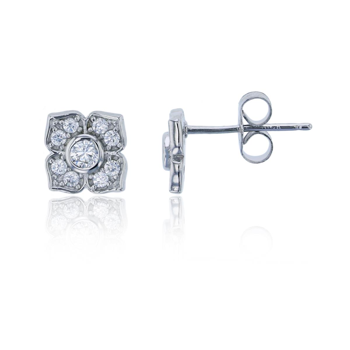 Sterling Silver Rhodium 8x8mm Micropave Flower Stud Earring