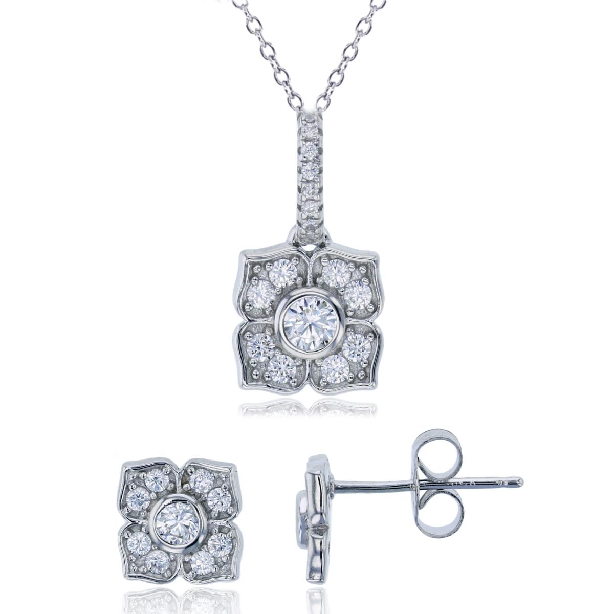 Sterling Silver Rhodium Micropave Flower Dangling 18" Necklace & Stud Earring Set