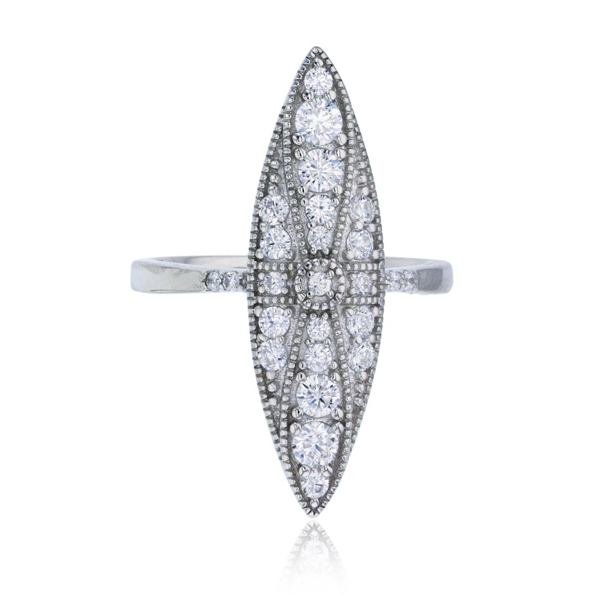 Sterling Silver Rhodium Pave Elongated Marquise Shape Milgrain Fashion Ring