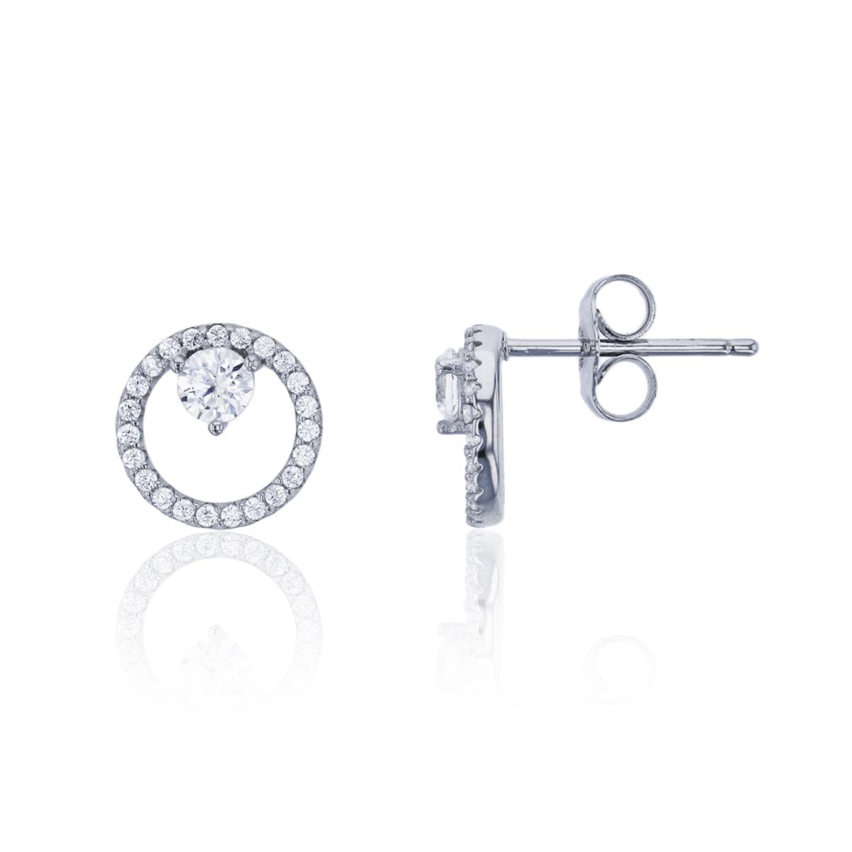 Sterling Silver Rhodium 3.75mm Rd Cut & Pave Open Circle Stud Earring