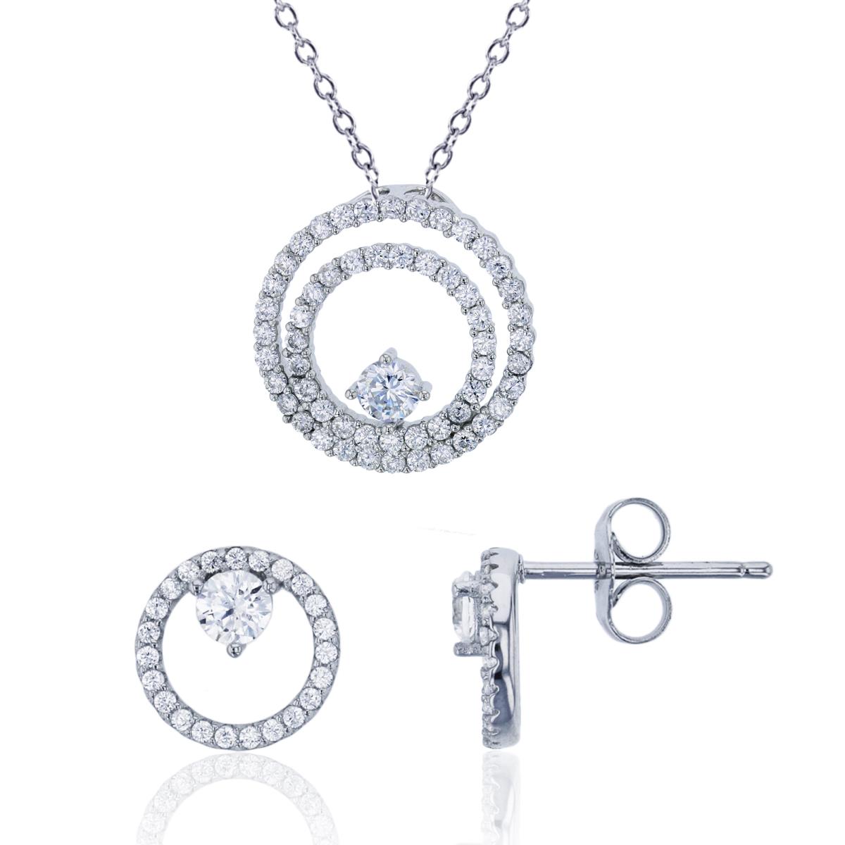 Sterling Silver Rhodium Center Rd Cut CZ & Pave Open Circles 18"+2" Necklace & Stud Earring Set