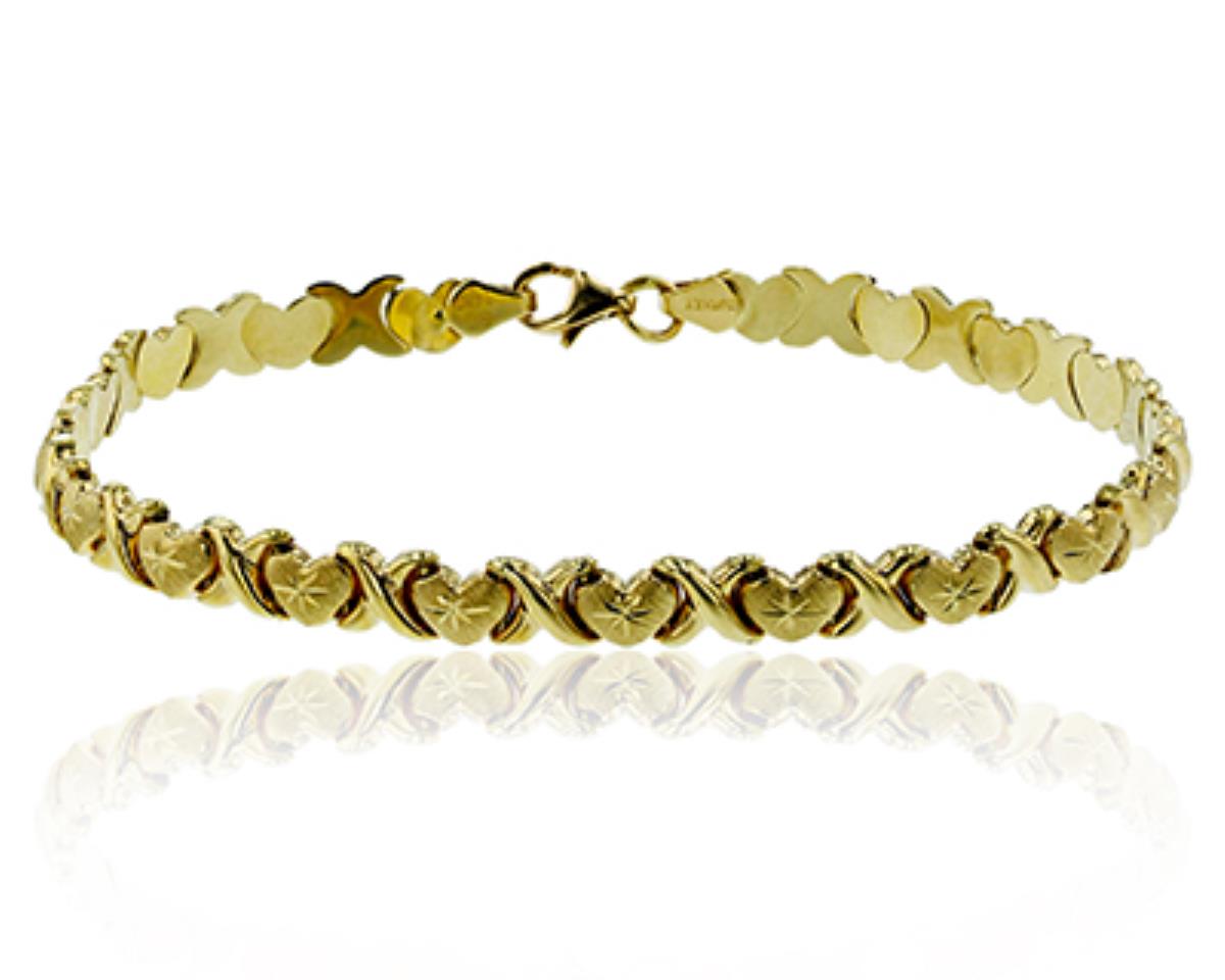 14K Yellow Gold Satin Textured Star Diamond Cut XOXO 7.25" Bracelet