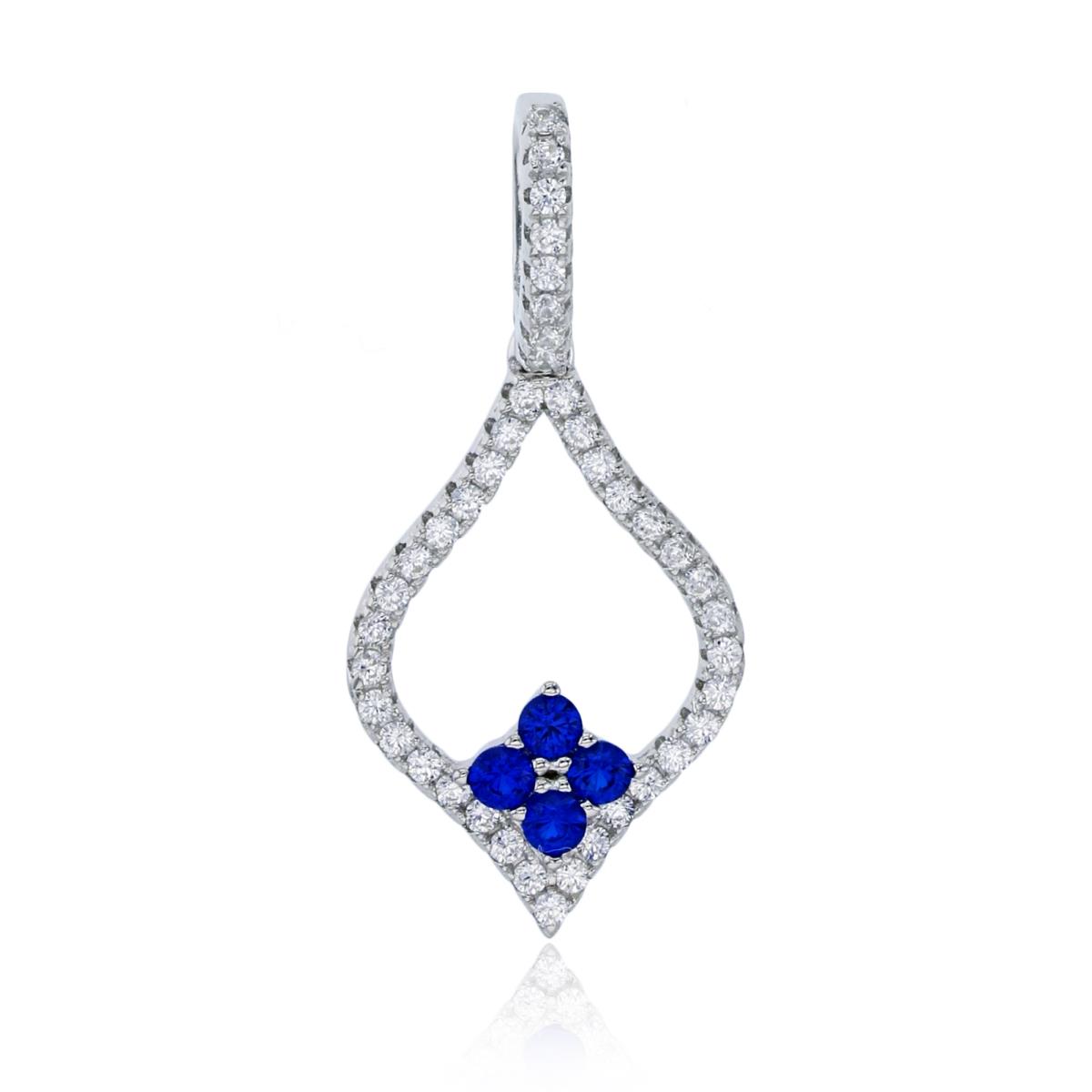 Sterling Silver Rhodium Micropave Open Teardrop with Blue Spinel CZ Flower Inside Pendant