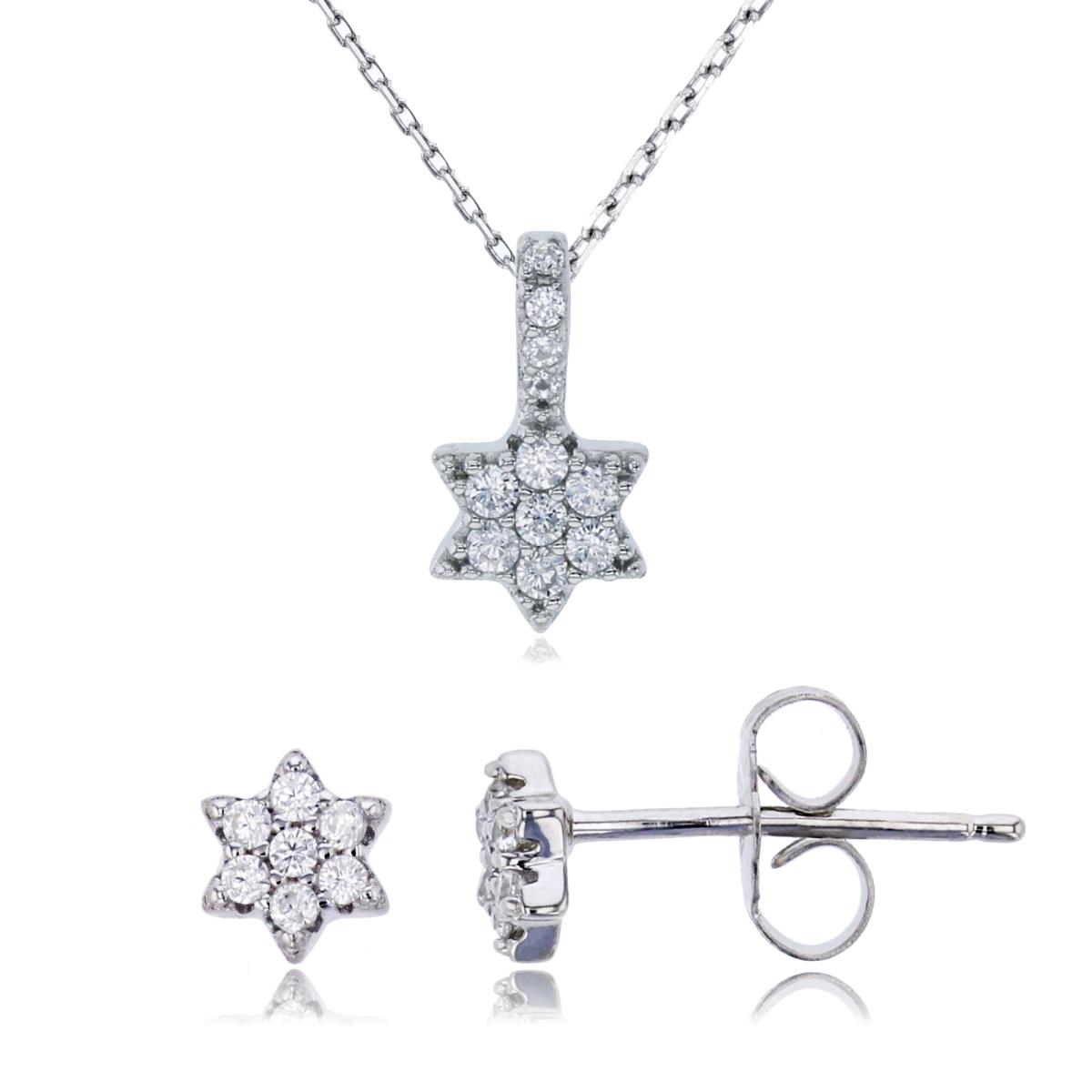 Sterling Silver Rhodium 6x5mm Micropave Star Of David 13"+2" Necklace & Stud Earring Set