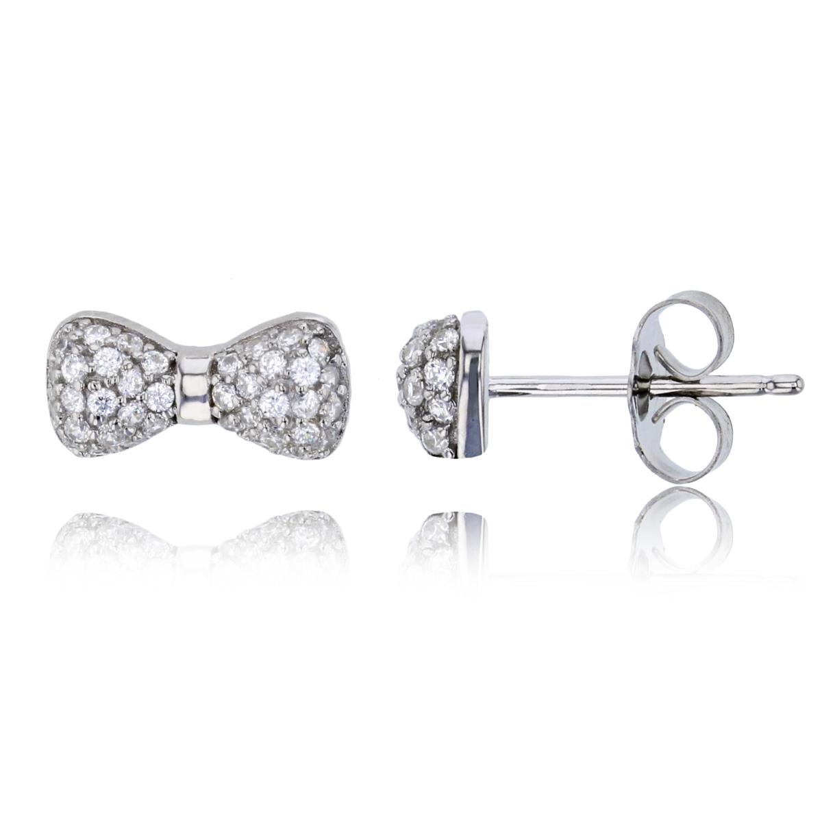 Sterling Silver Rhodium 6x12mm Micropave Bow Stud Earring