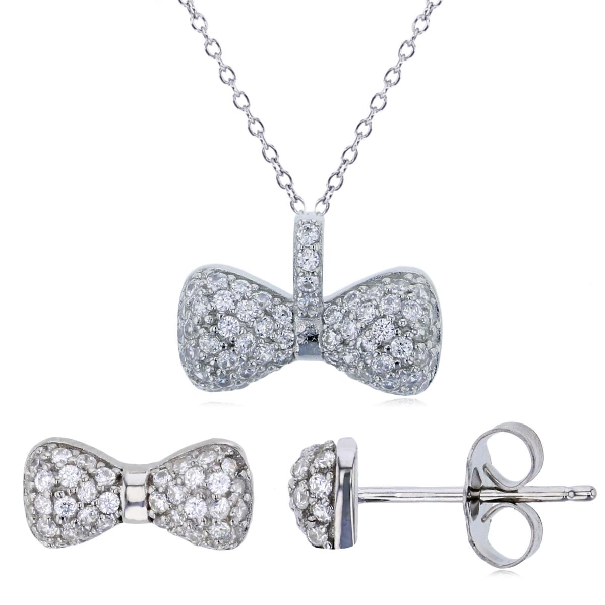 Sterling Silver Rhodium 10x14mm Micropave Bow 18" Necklace & Stud Earring Set