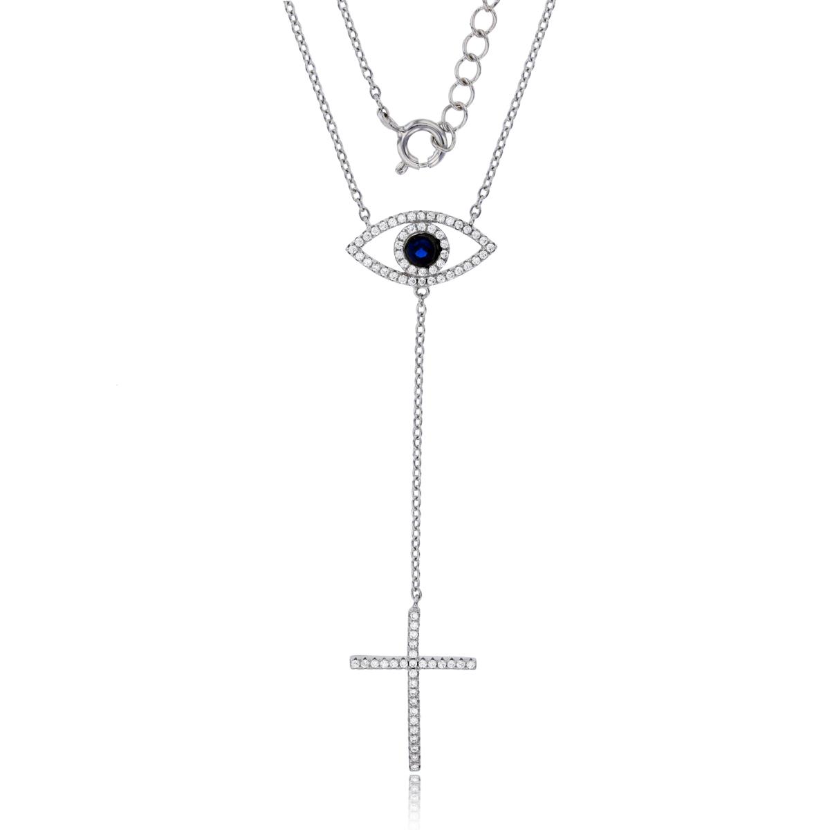 Sterling Silver Rhodium Micropave Blue Evil Eye & Cross Dangling 16"+2" Necklace