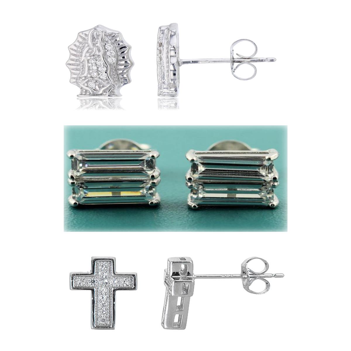 Brass Virgin Mary, Baguette Cut, Micropave Curved Square Stud Set
