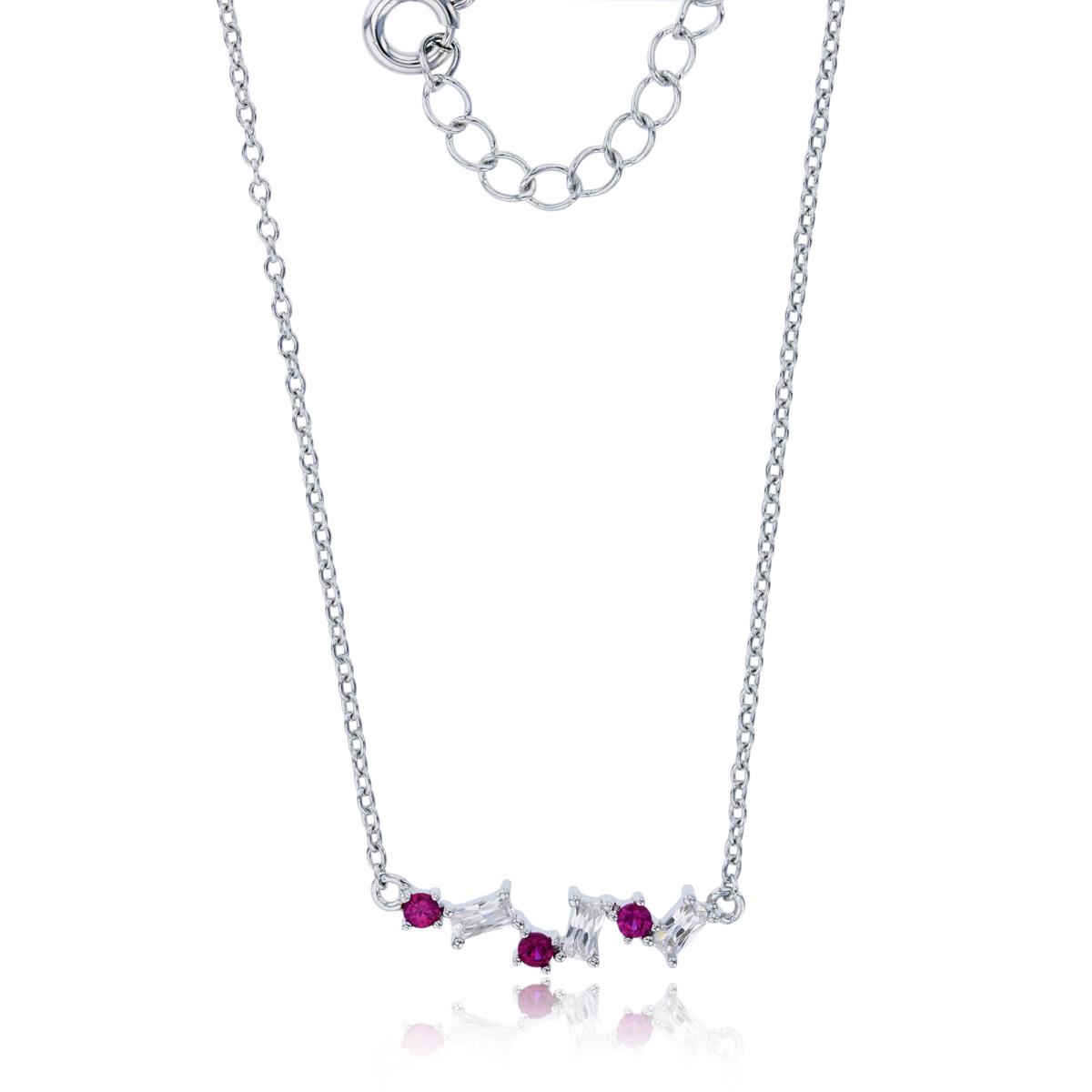 Sterling Silver Rhodium Pave Floating Ruby Rd Cut & White Baguette 17"+1" Extender Necklace