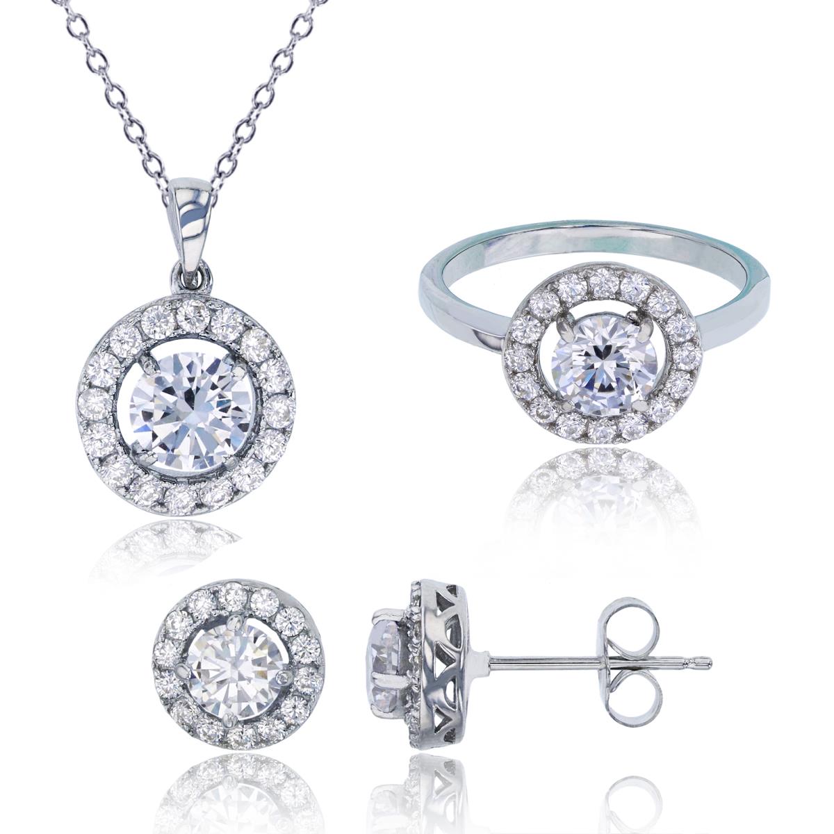Sterling Silver Rhodium Round Cut Halo 18"+2" Necklace, Ring & Stud Earring Set